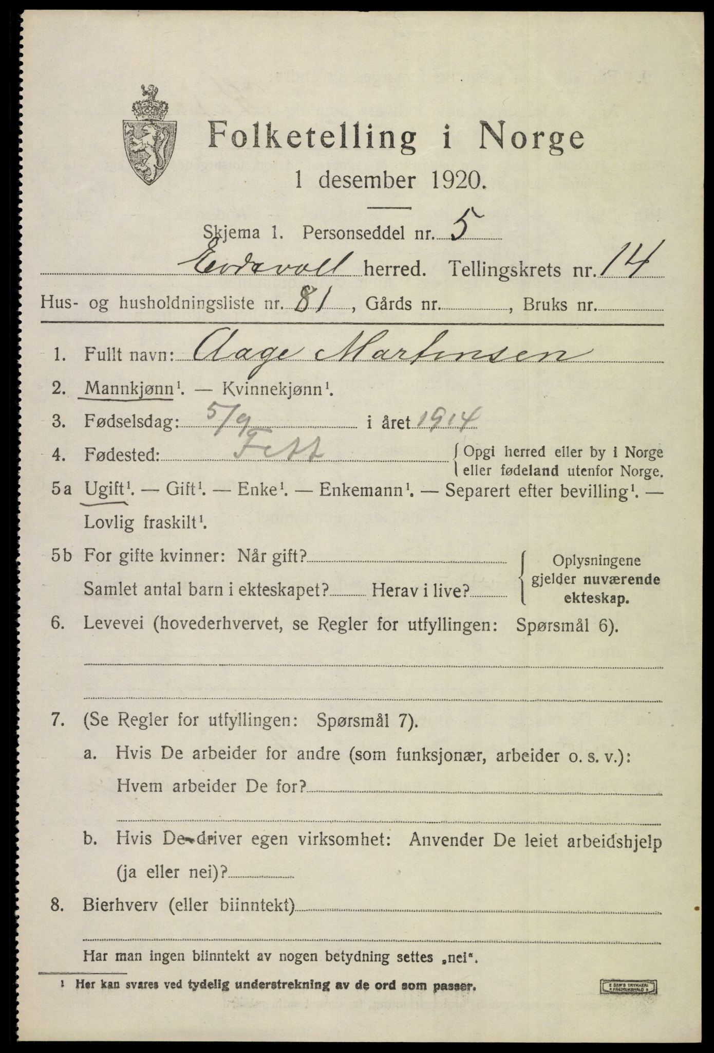 SAO, 1920 census for Eidsvoll, 1920, p. 22047