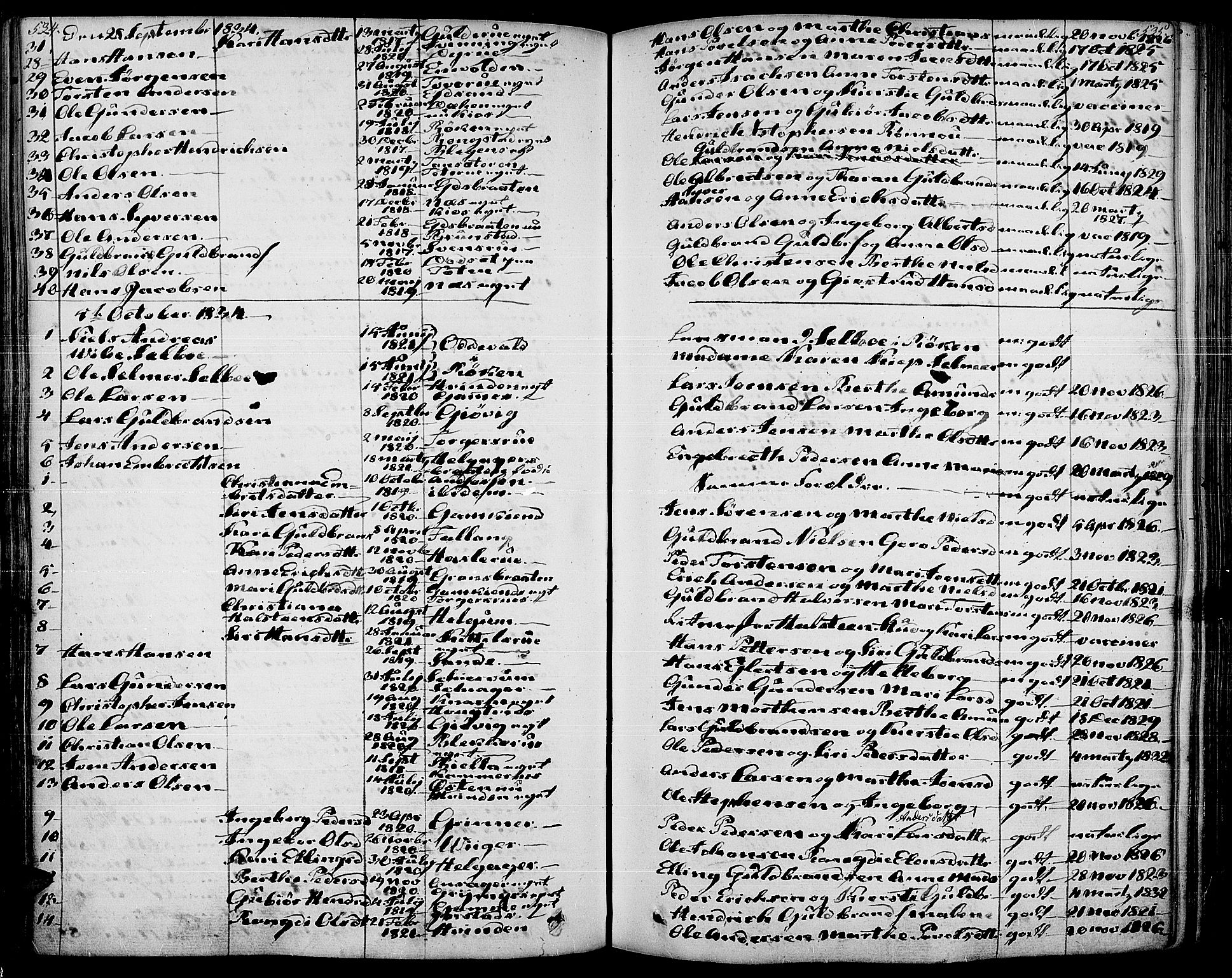 Gran prestekontor, AV/SAH-PREST-112/H/Ha/Haa/L0010: Parish register (official) no. 10, 1824-1842, p. 534-535