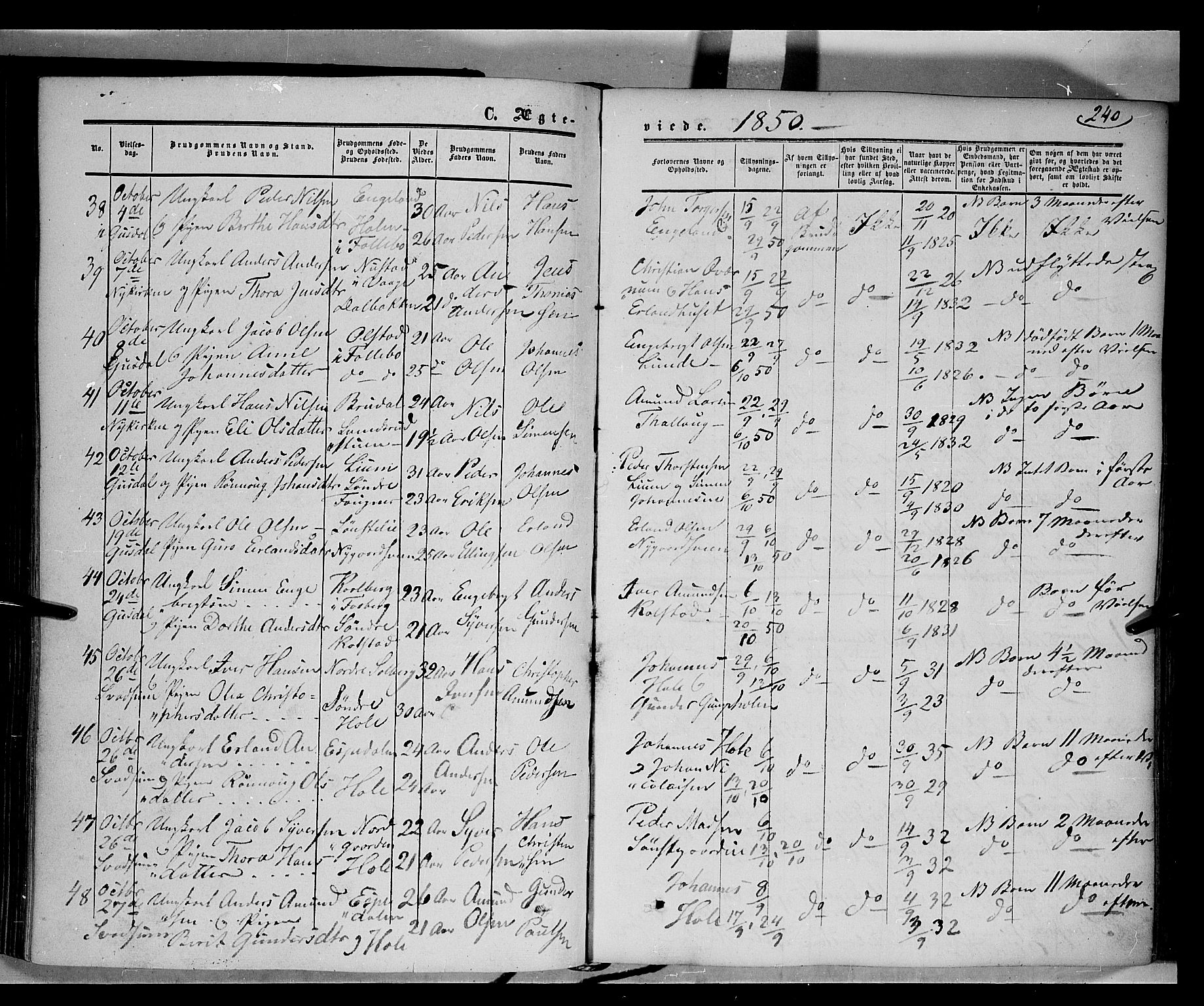 Gausdal prestekontor, SAH/PREST-090/H/Ha/Haa/L0008: Parish register (official) no. 8, 1850-1861, p. 240