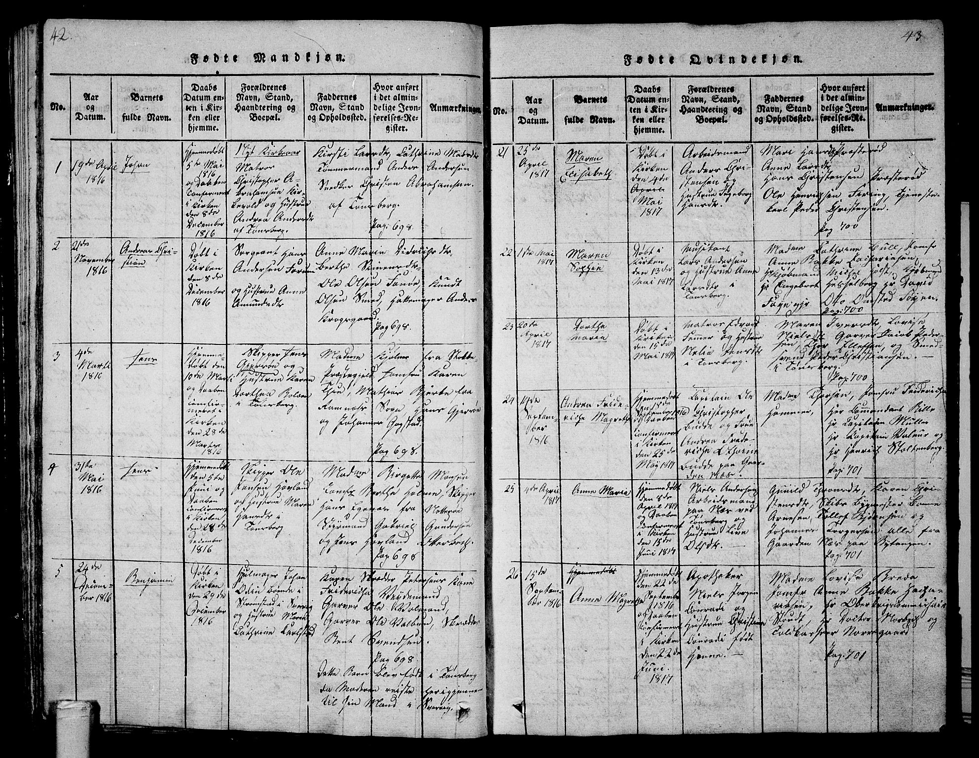 Tønsberg kirkebøker, AV/SAKO-A-330/G/Ga/L0001: Parish register (copy) no. 1, 1813-1826, p. 42-43