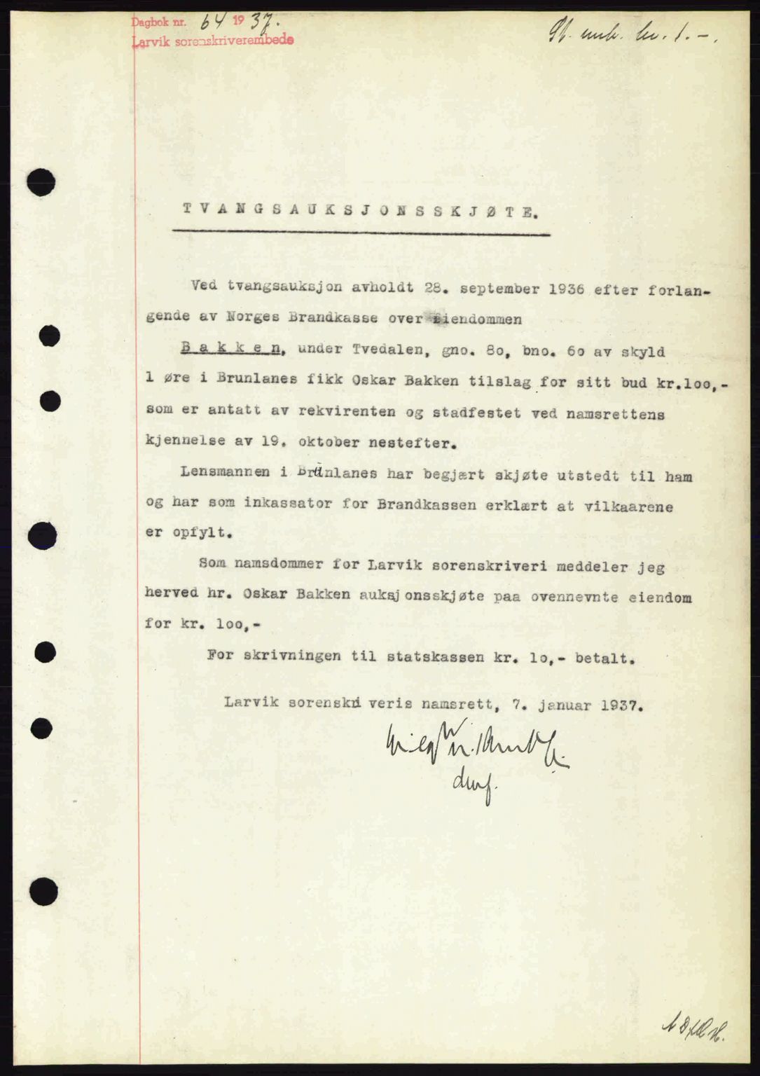 Larvik sorenskriveri, SAKO/A-83/G/Ga/Gab/L0067: Mortgage book no. A-1, 1936-1937, Diary no: : 64/1937