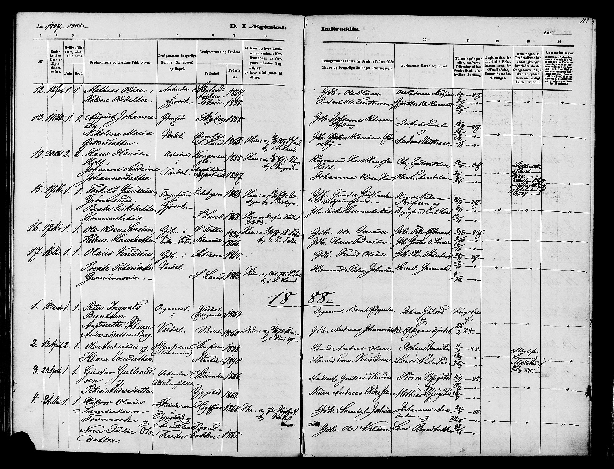 Vardal prestekontor, SAH/PREST-100/H/Ha/Haa/L0010: Parish register (official) no. 10, 1878-1893, p. 128