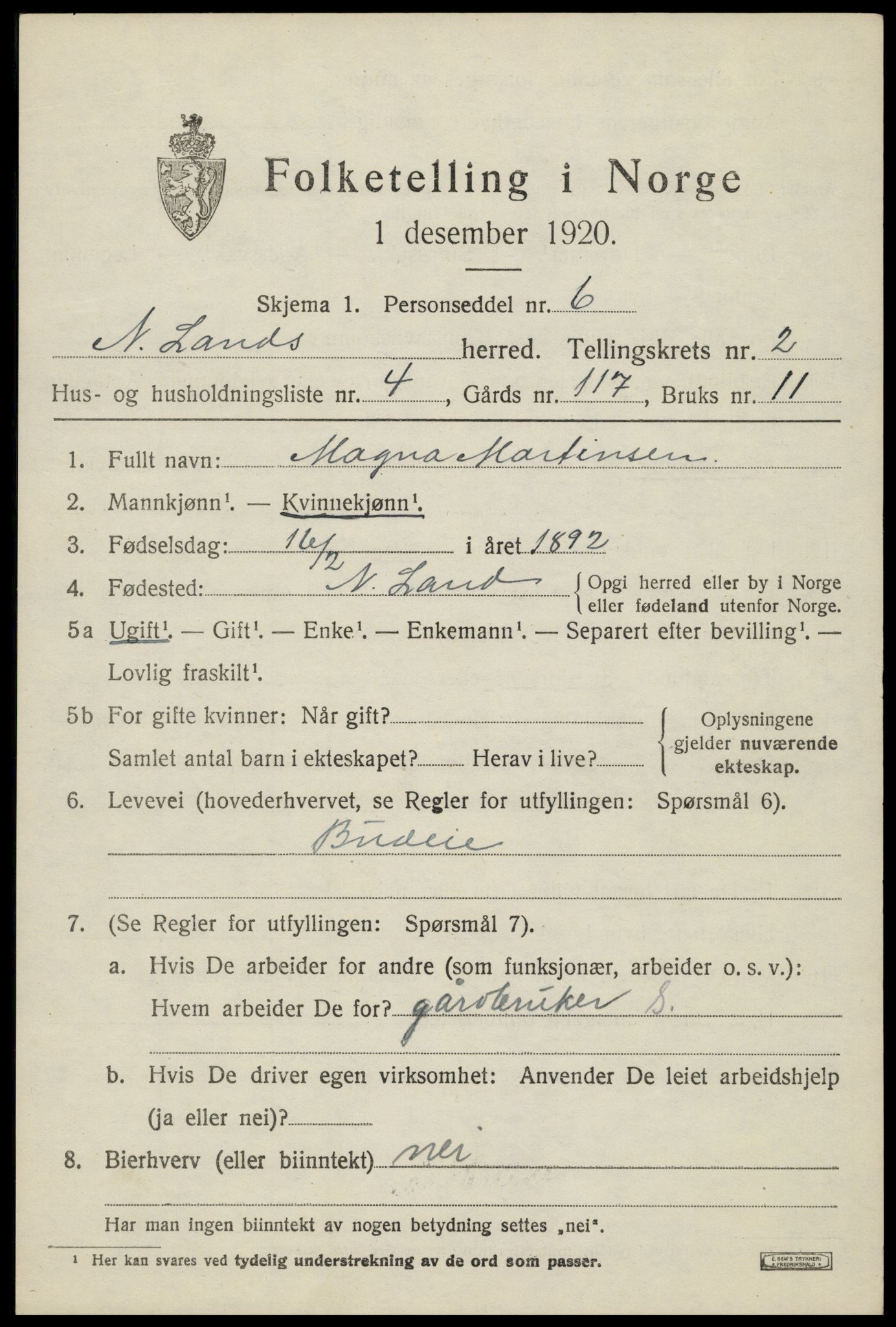 SAH, 1920 census for Nordre Land, 1920, p. 1688