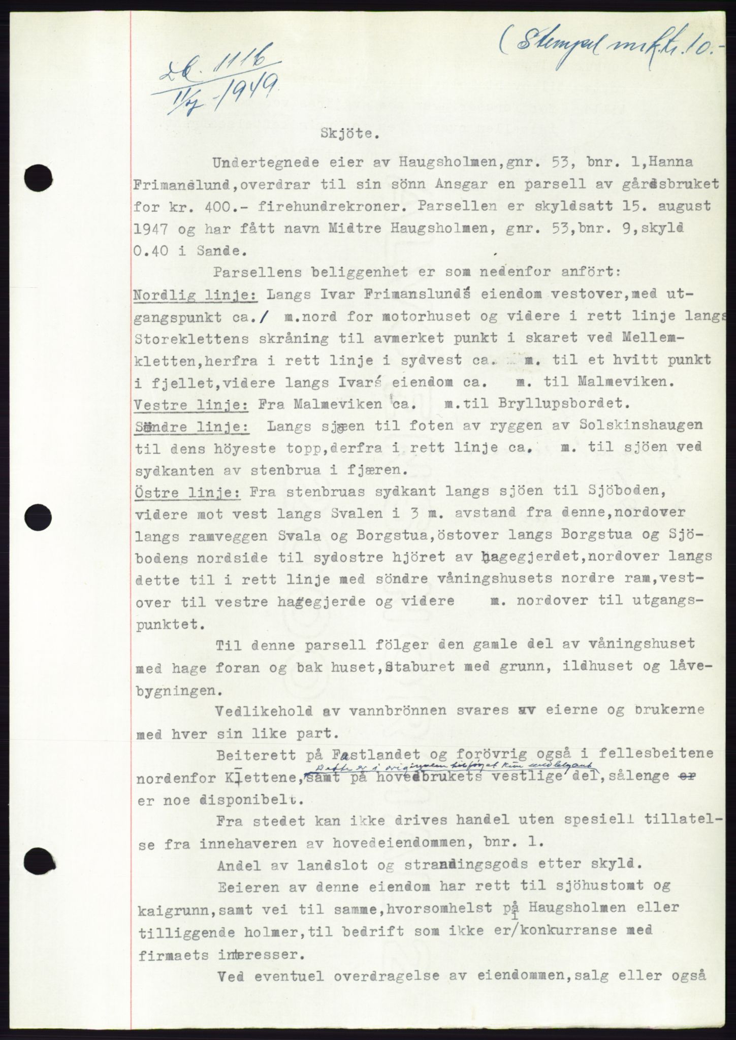 Søre Sunnmøre sorenskriveri, AV/SAT-A-4122/1/2/2C/L0084: Mortgage book no. 10A, 1949-1949, Diary no: : 1116/1949