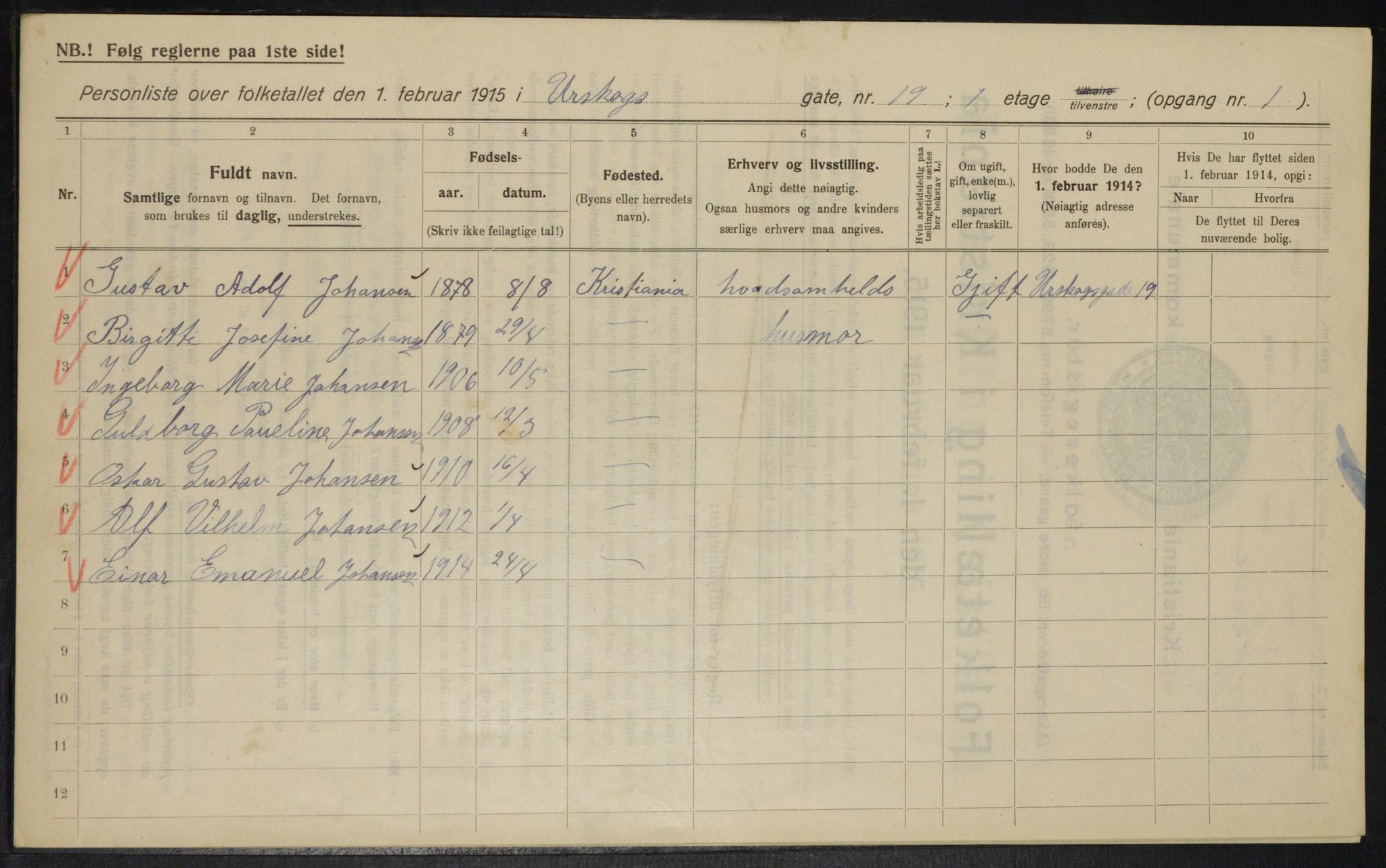 OBA, Municipal Census 1915 for Kristiania, 1915, p. 2706