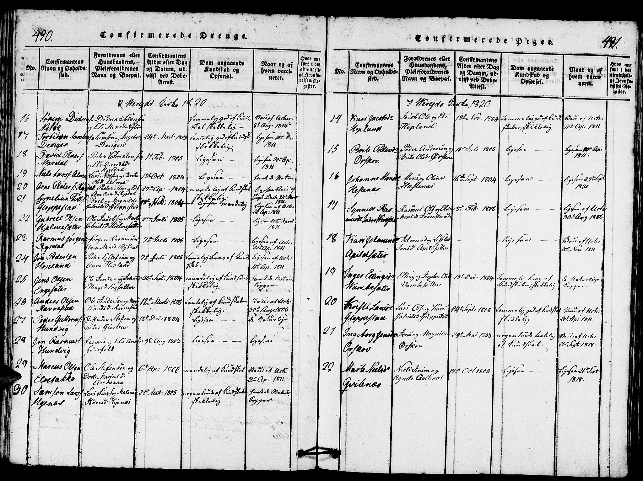 Gloppen sokneprestembete, SAB/A-80101/H/Hab/Haba/L0001: Parish register (copy) no. A 1, 1816-1827, p. 490-491