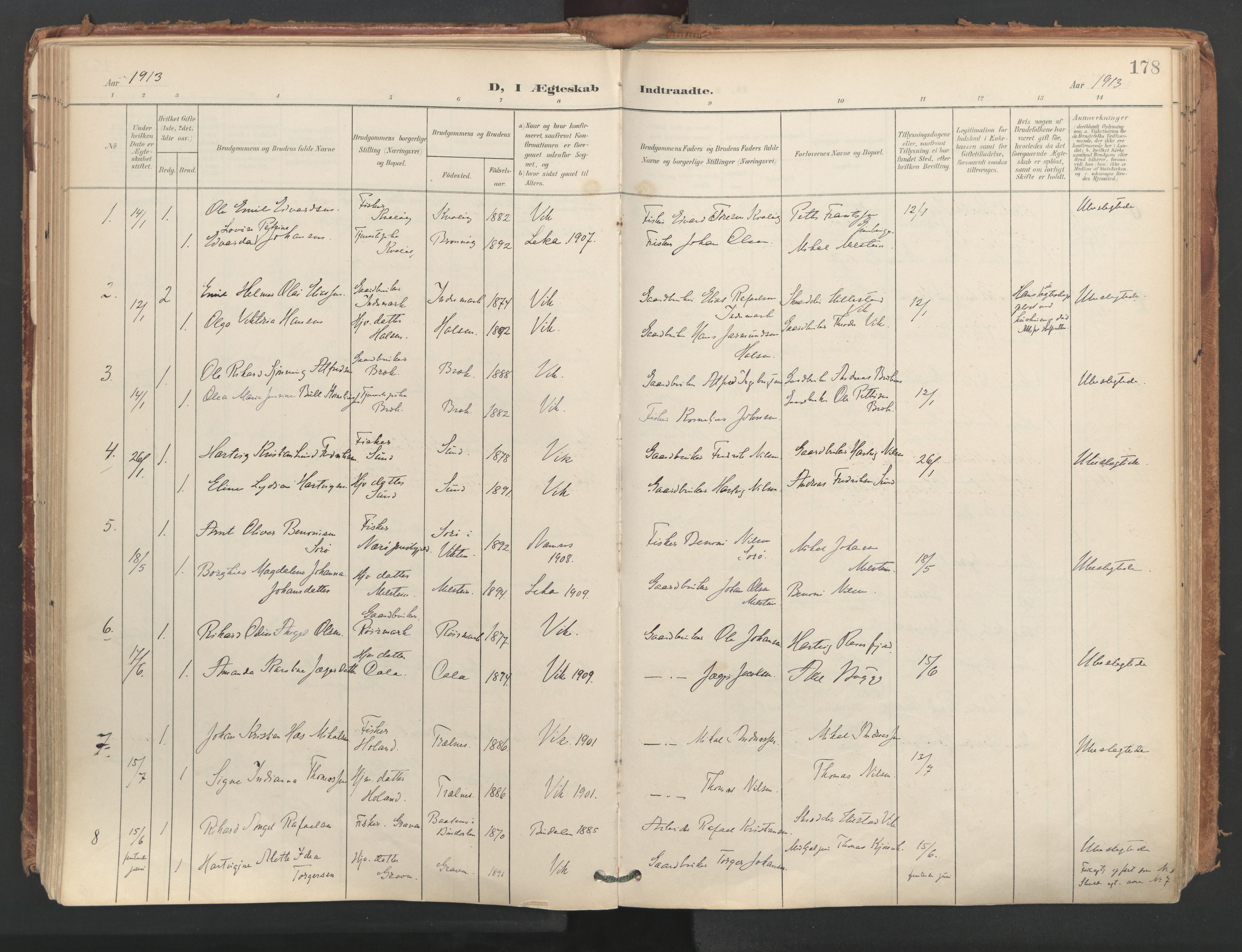 Ministerialprotokoller, klokkerbøker og fødselsregistre - Nordland, SAT/A-1459/812/L0180: Parish register (official) no. 812A09, 1901-1915, p. 178