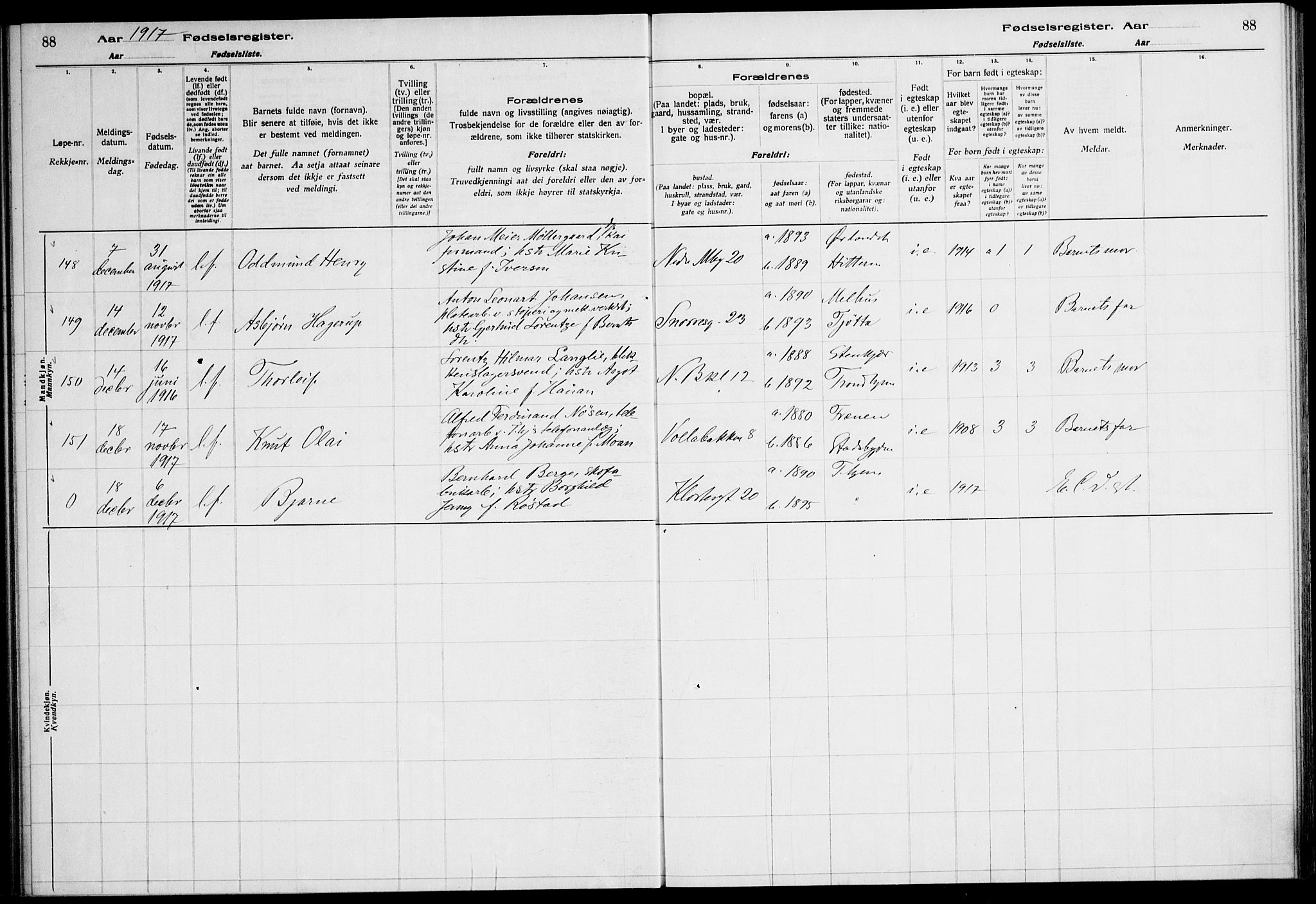 Ministerialprotokoller, klokkerbøker og fødselsregistre - Sør-Trøndelag, AV/SAT-A-1456/604/L0232: Birth register no. 604.II.4.1, 1916-1920, p. 88