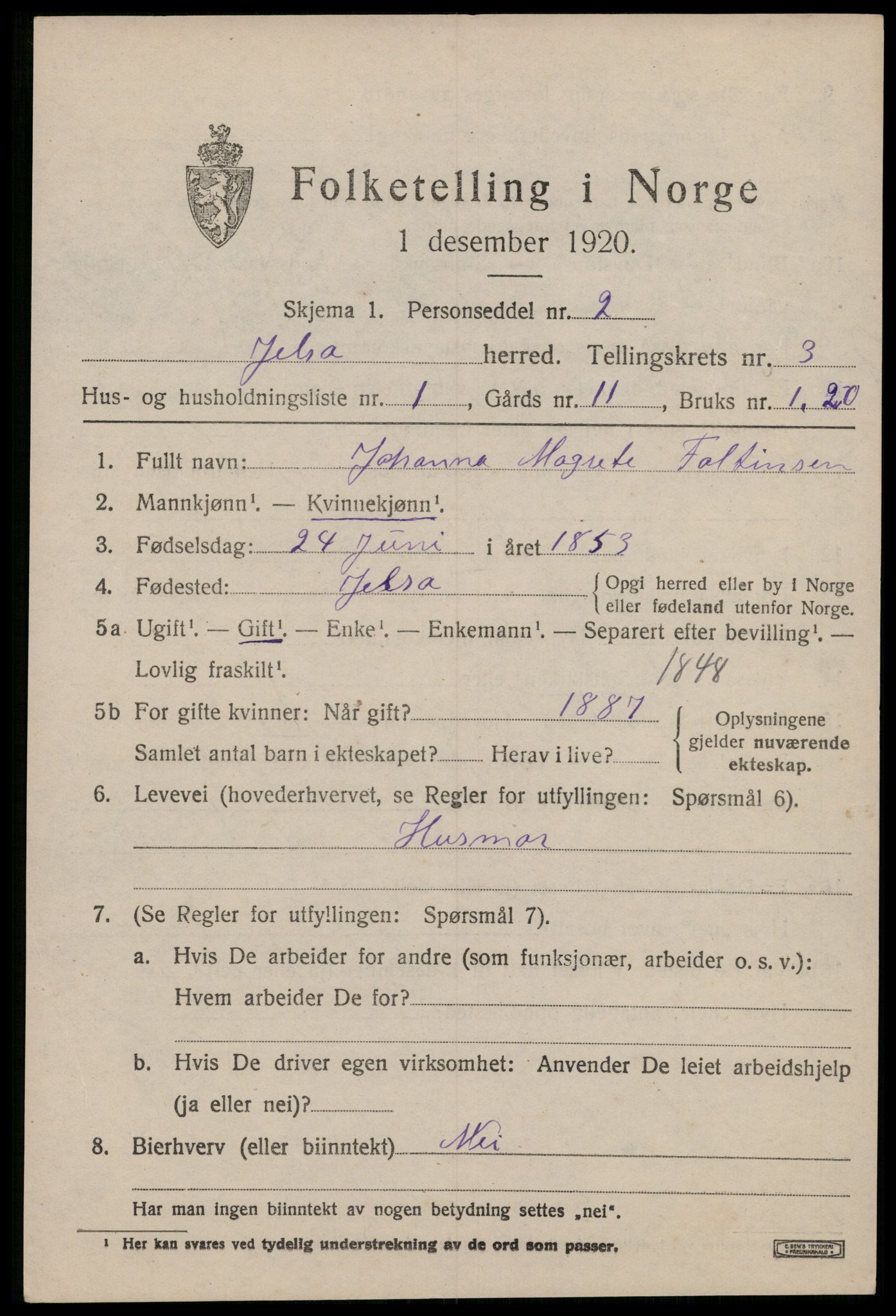 SAST, 1920 census for Jelsa, 1920, p. 954