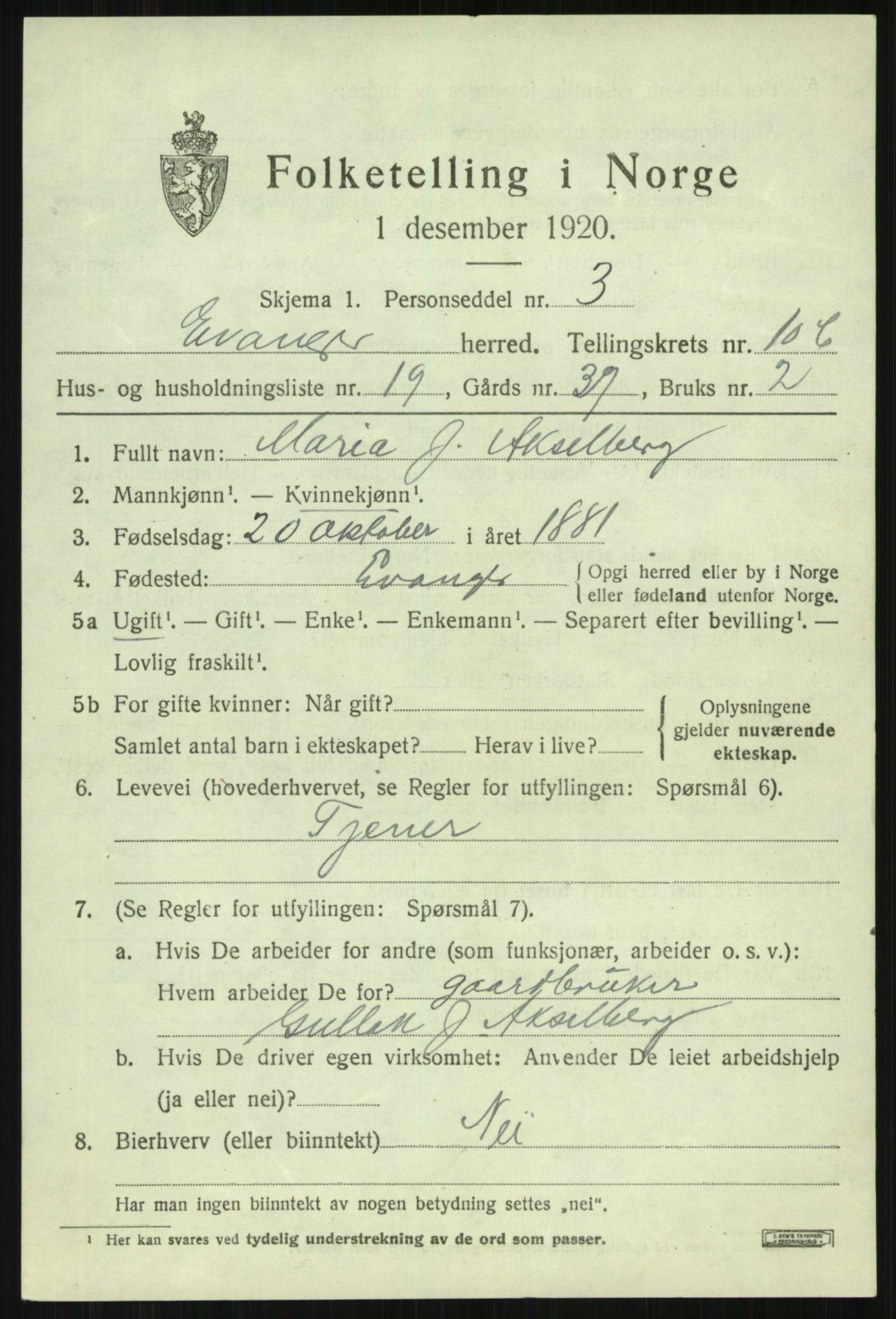 SAB, 1920 census for Evanger, 1920, p. 3559