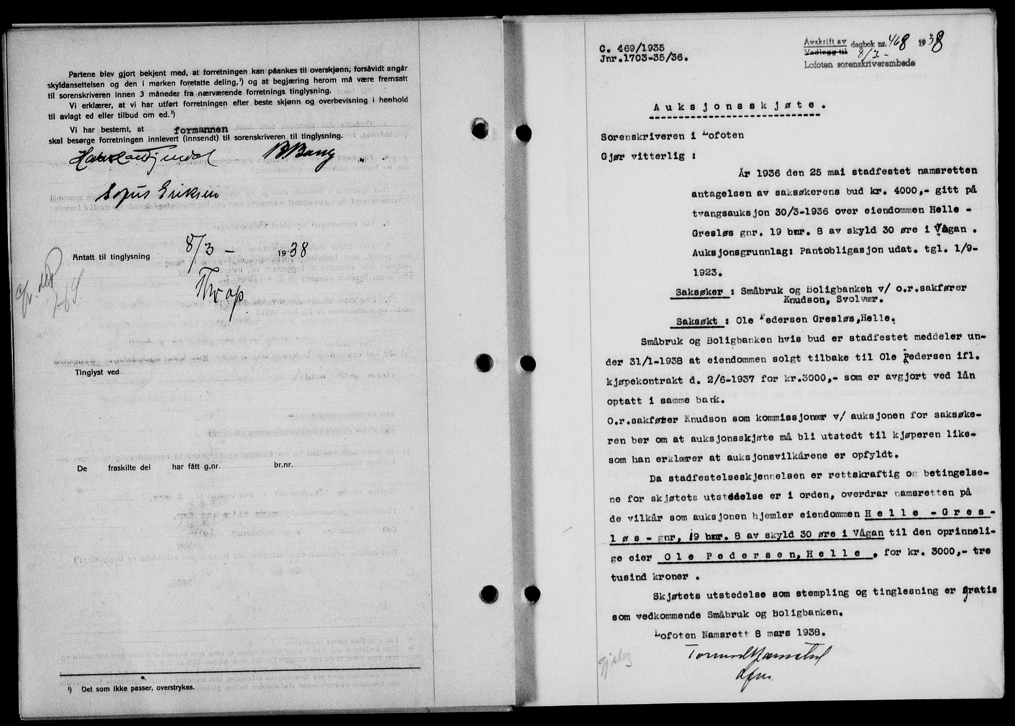 Lofoten sorenskriveri, SAT/A-0017/1/2/2C/L0003a: Mortgage book no. 3a, 1937-1938, Diary no: : 468/1938