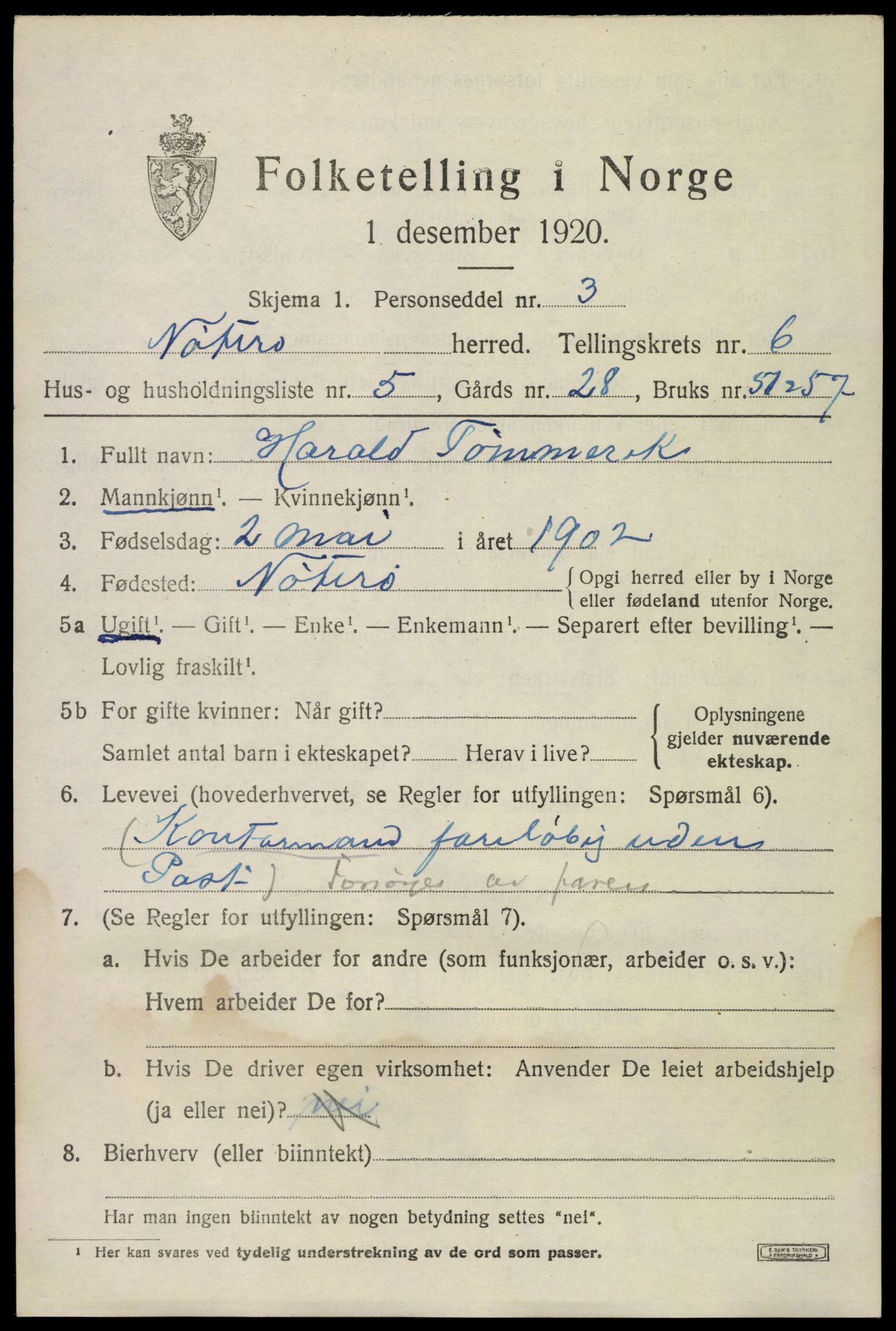 SAKO, 1920 census for Nøtterøy, 1920, p. 8485