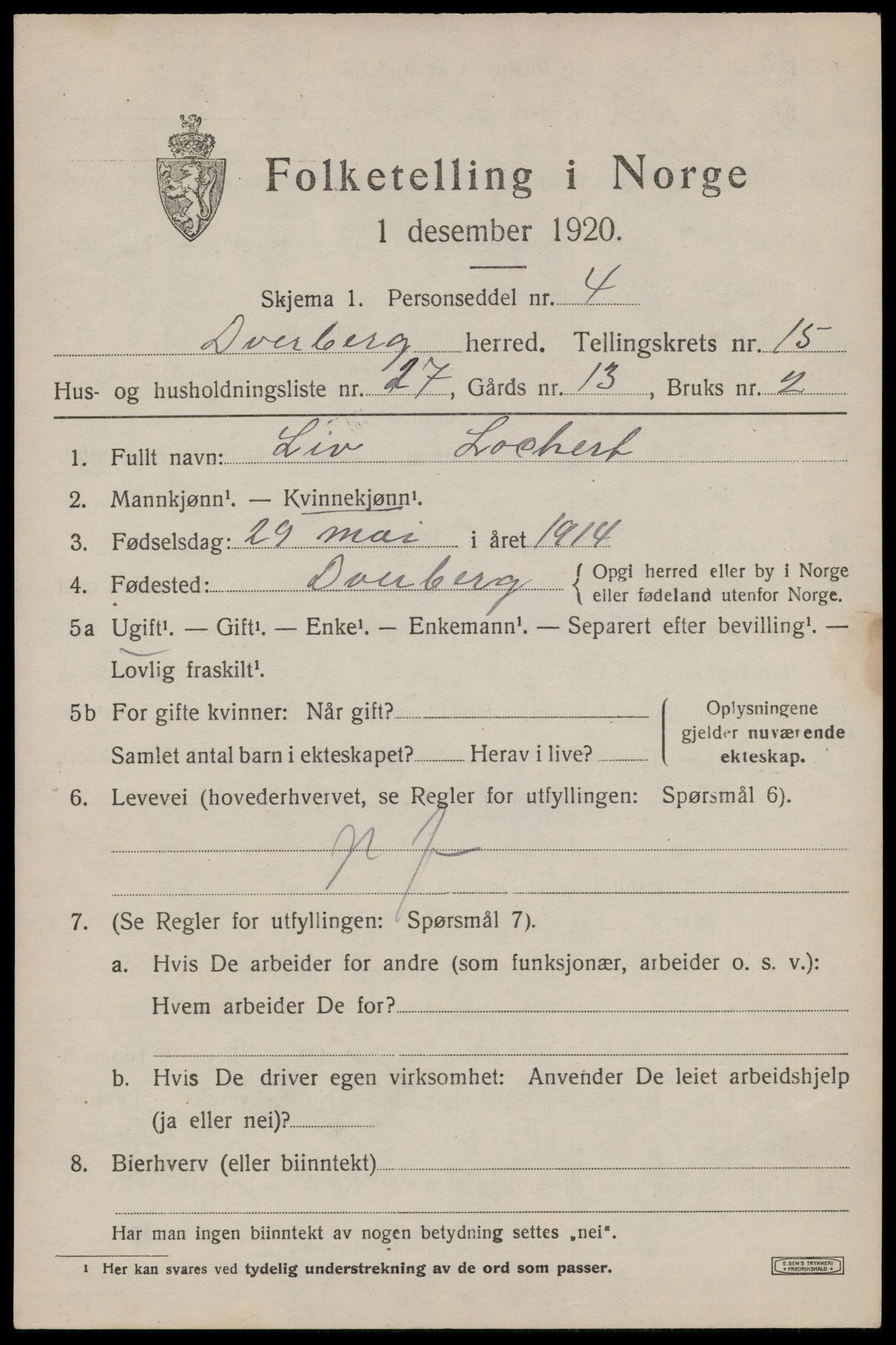 SAT, 1920 census for Dverberg, 1920, p. 11298