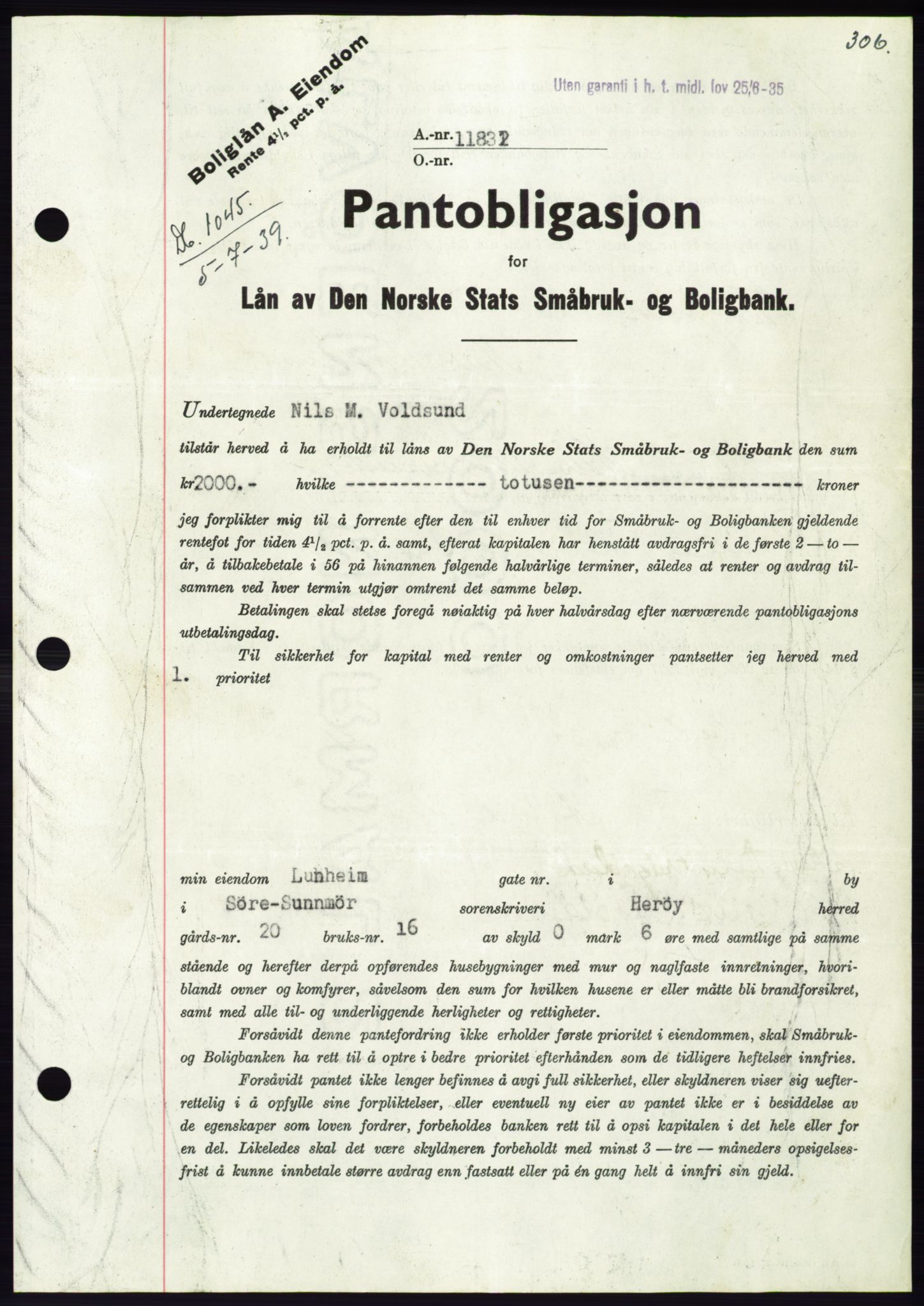 Søre Sunnmøre sorenskriveri, AV/SAT-A-4122/1/2/2C/L0068: Mortgage book no. 62, 1939-1939, Diary no: : 1045/1939