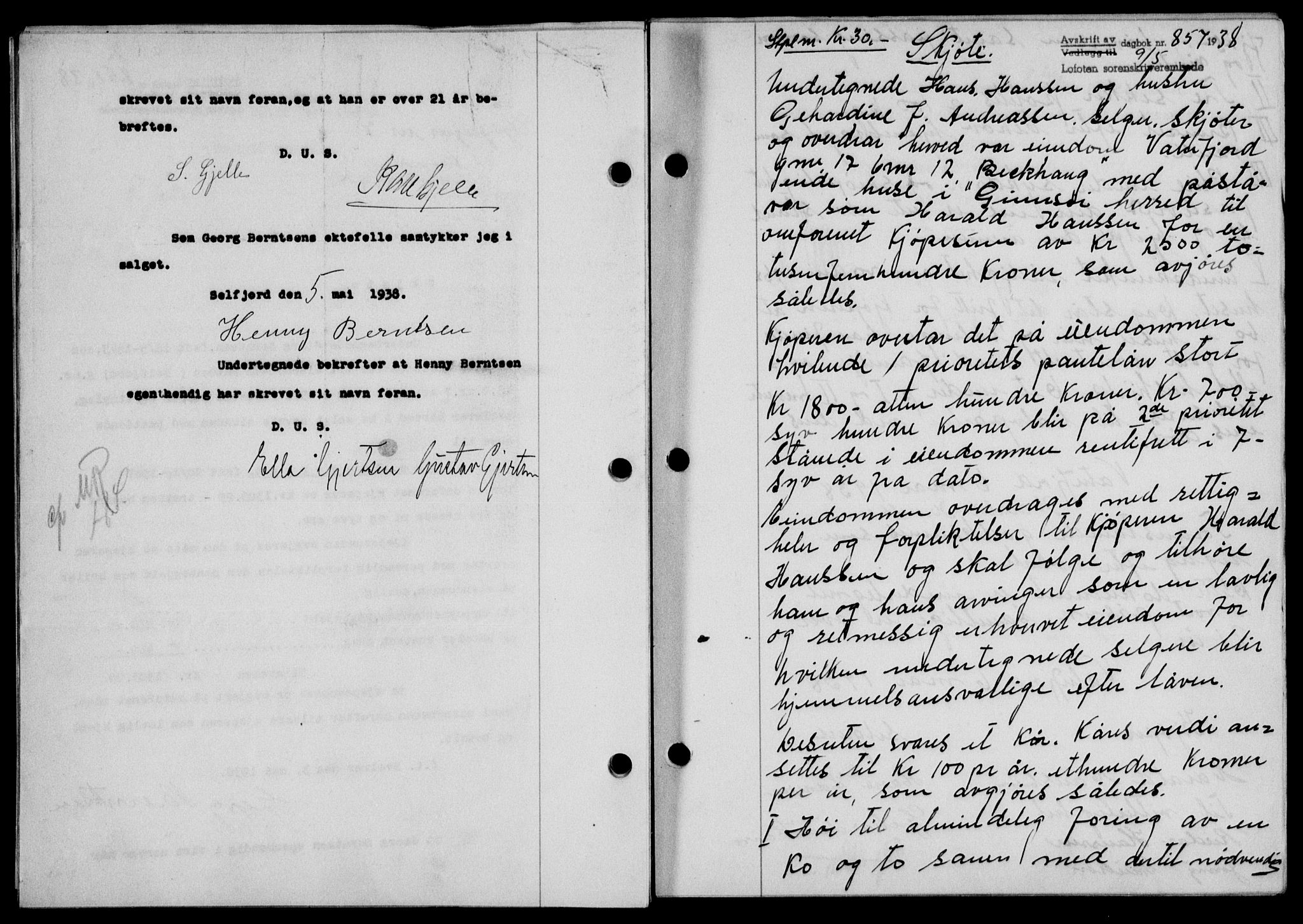 Lofoten sorenskriveri, SAT/A-0017/1/2/2C/L0004a: Mortgage book no. 4a, 1938-1938, Diary no: : 857/1938