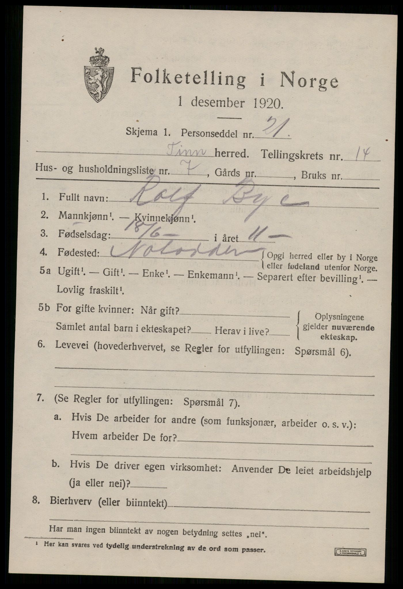 SAKO, 1920 census for Tinn, 1920, p. 8854