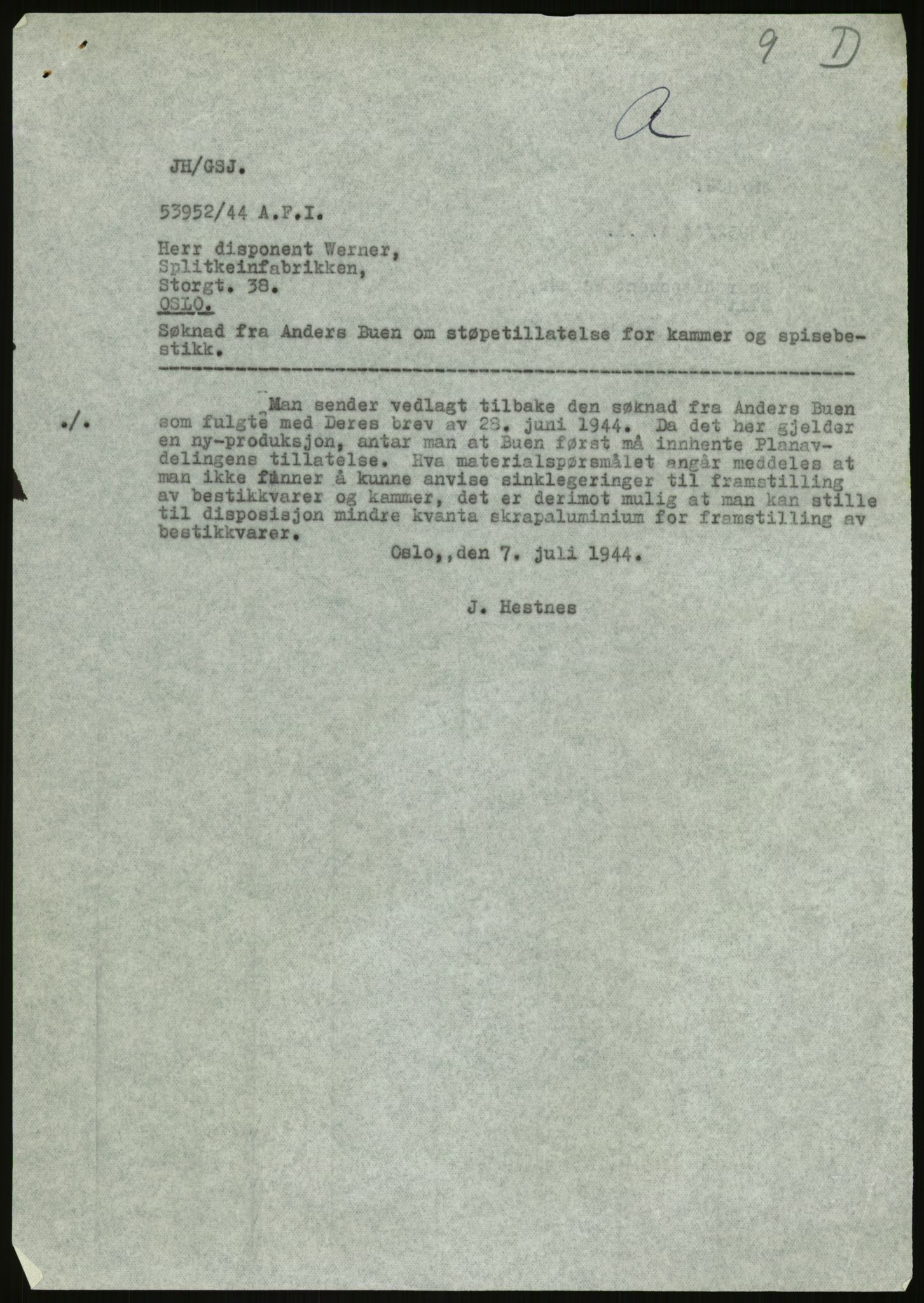 Direktoratet for industriforsyning, Sekretariatet, AV/RA-S-4153/D/Df/L0054: 9. Metallkontoret, 1940-1945, p. 397