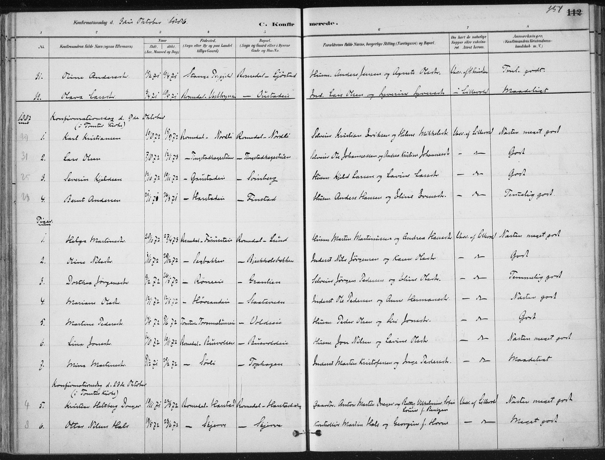 Romedal prestekontor, SAH/PREST-004/K/L0010: Parish register (official) no. 10, 1880-1895, p. 154