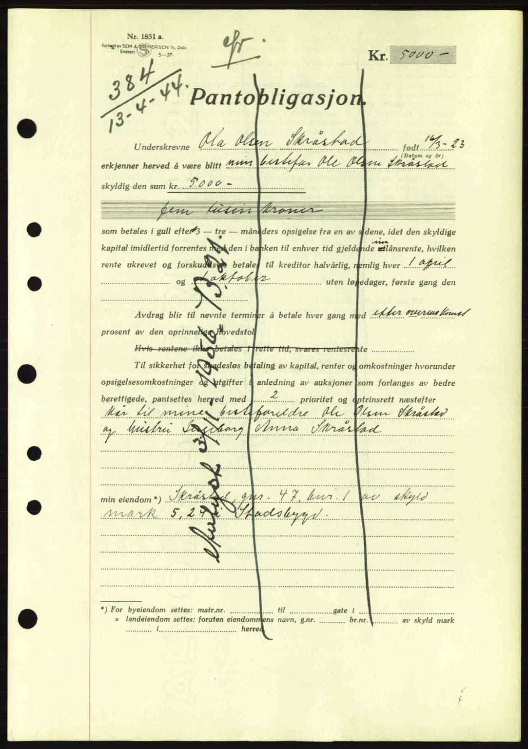 Fosen sorenskriveri, AV/SAT-A-1107/1/2/2C: Mortgage book no. B1, 1943-1945, Diary no: : 384/1944