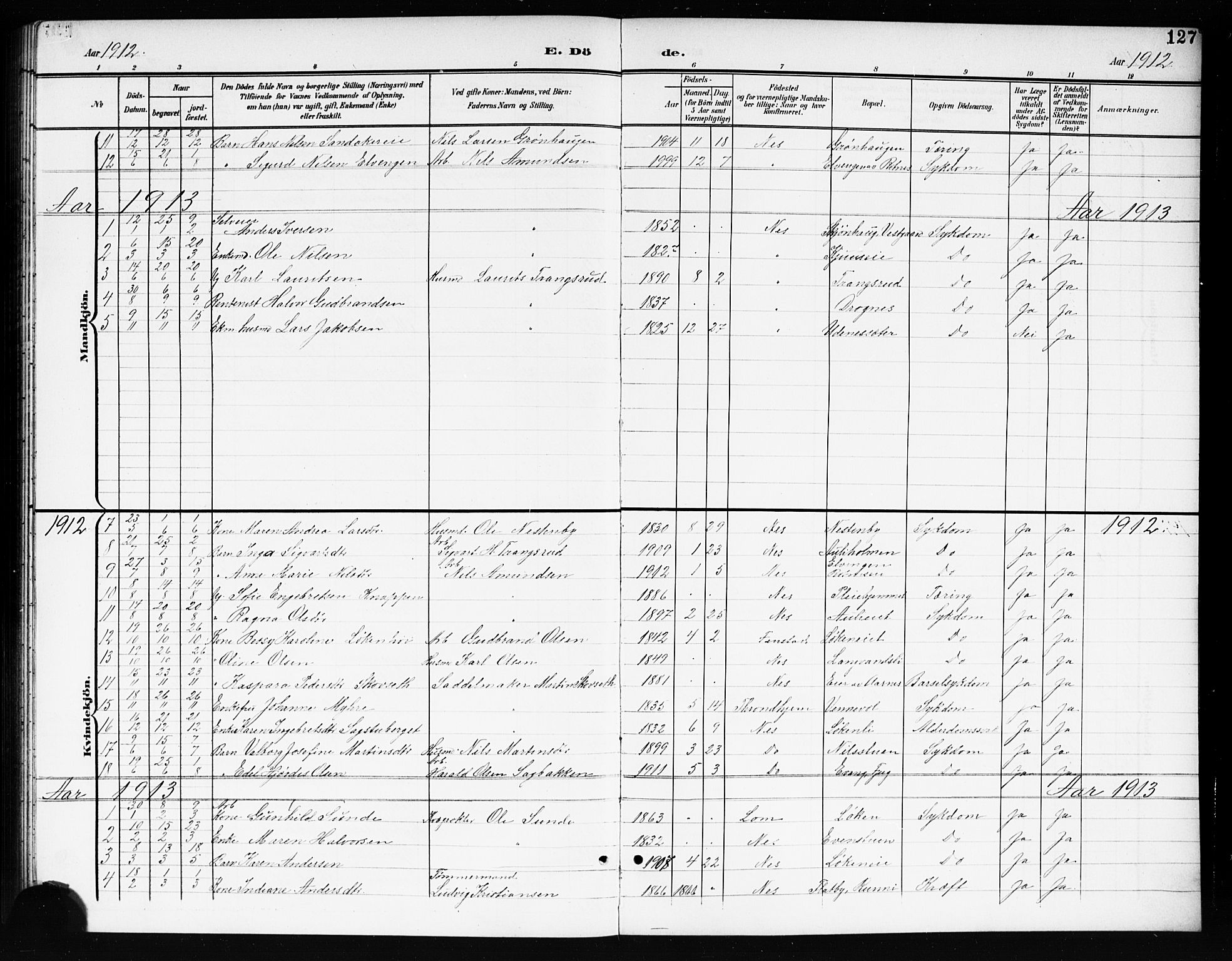 Nes prestekontor Kirkebøker, AV/SAO-A-10410/G/Gc/L0001: Parish register (copy) no. III 1, 1901-1917, p. 127