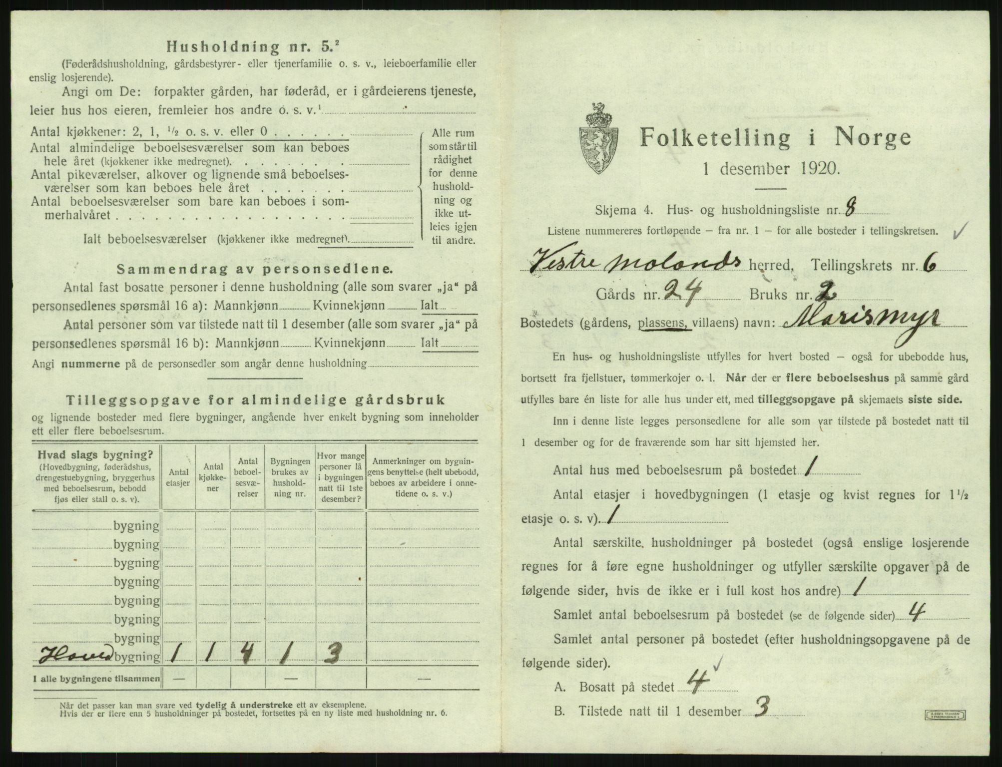SAK, 1920 census for Vestre Moland, 1920, p. 833