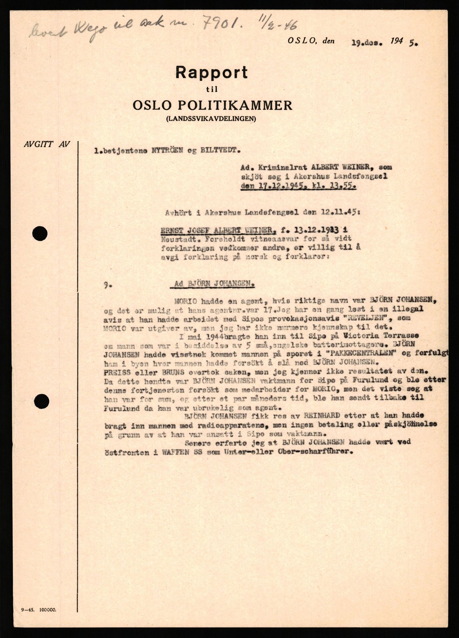 Forsvaret, Forsvarets overkommando II, AV/RA-RAFA-3915/D/Db/L0035: CI Questionaires. Tyske okkupasjonsstyrker i Norge. Tyskere., 1945-1946, p. 246