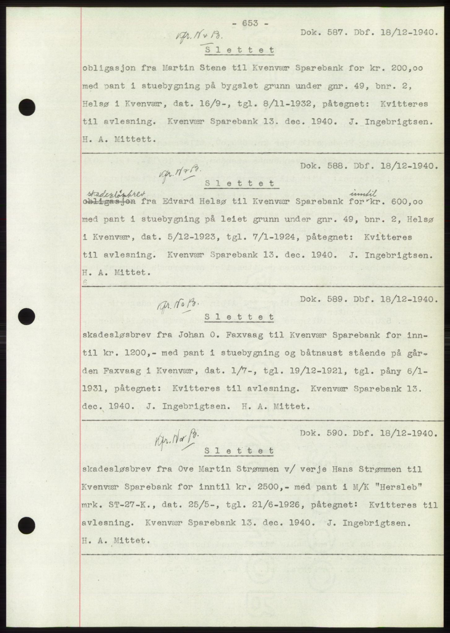 Hitra sorenskriveri, AV/SAT-A-0018/2/2C/2Ca: Mortgage book no. C1, 1936-1945, Diary no: : 587/1940