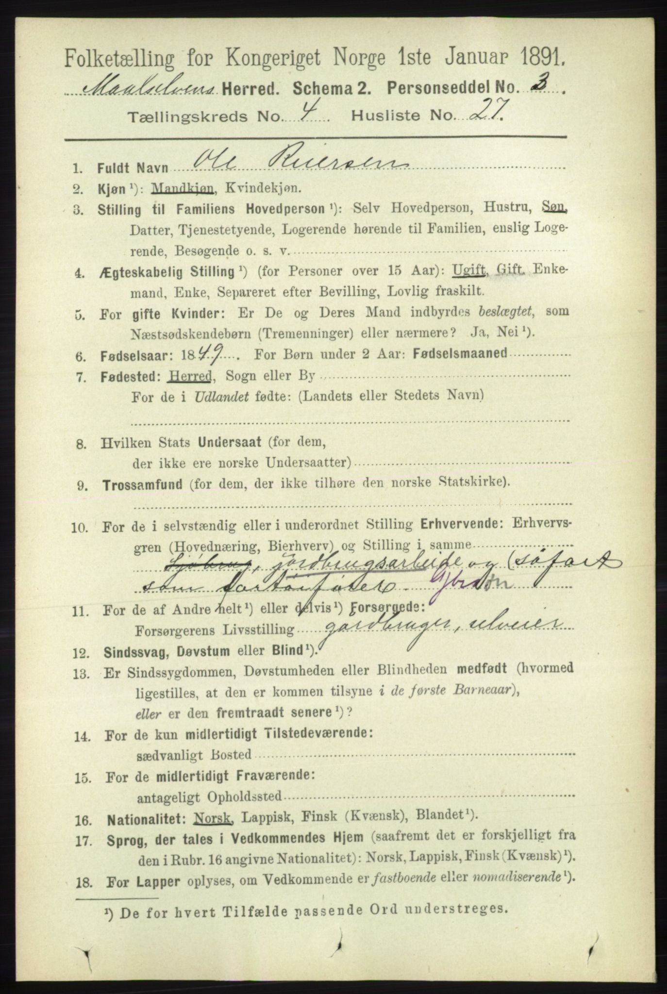 RA, 1891 census for 1924 Målselv, 1891, p. 1279