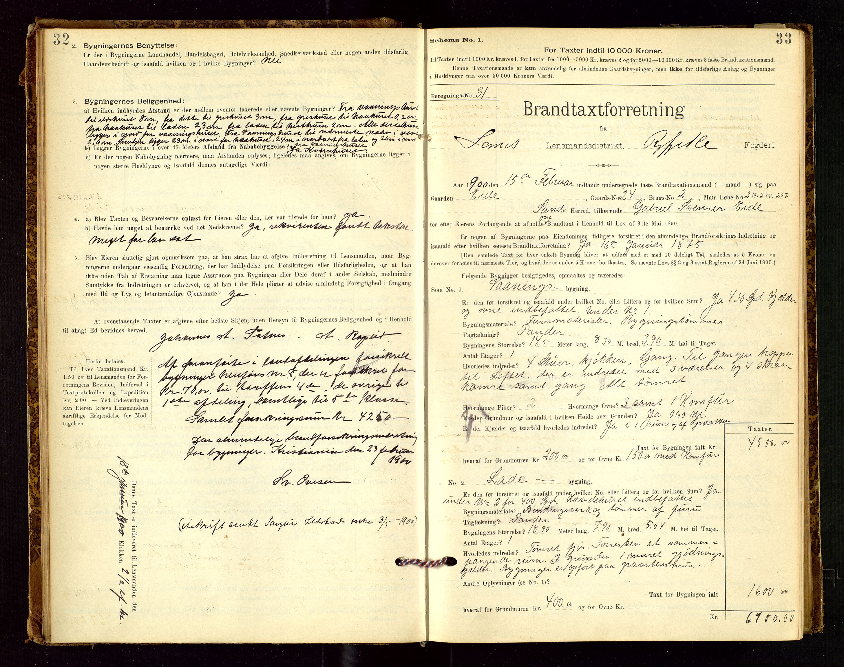 Sand lensmannskontor, AV/SAST-A-100415/Goc/L0001: "Brandtaxationsprotokol", 1895-1935, p. 32-33