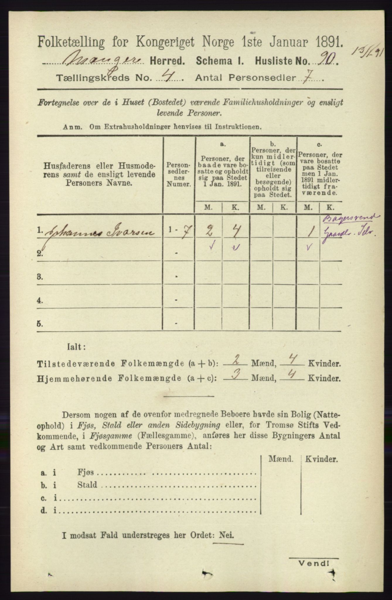 RA, 1891 census for 1261 Manger, 1891, p. 1947