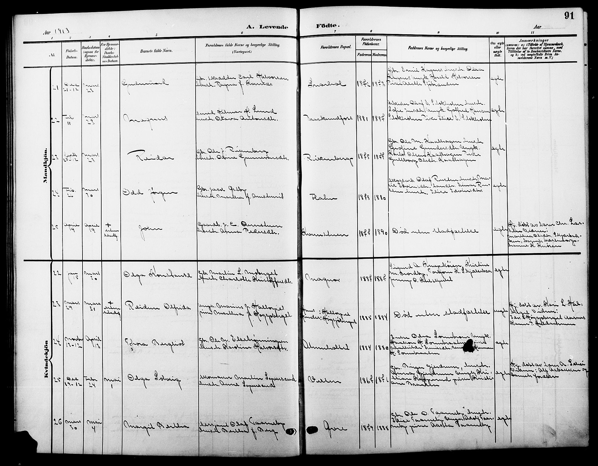 Våler prestekontor, Hedmark, AV/SAH-PREST-040/H/Ha/Hab/L0002: Parish register (copy) no. 2, 1905-1915, p. 91