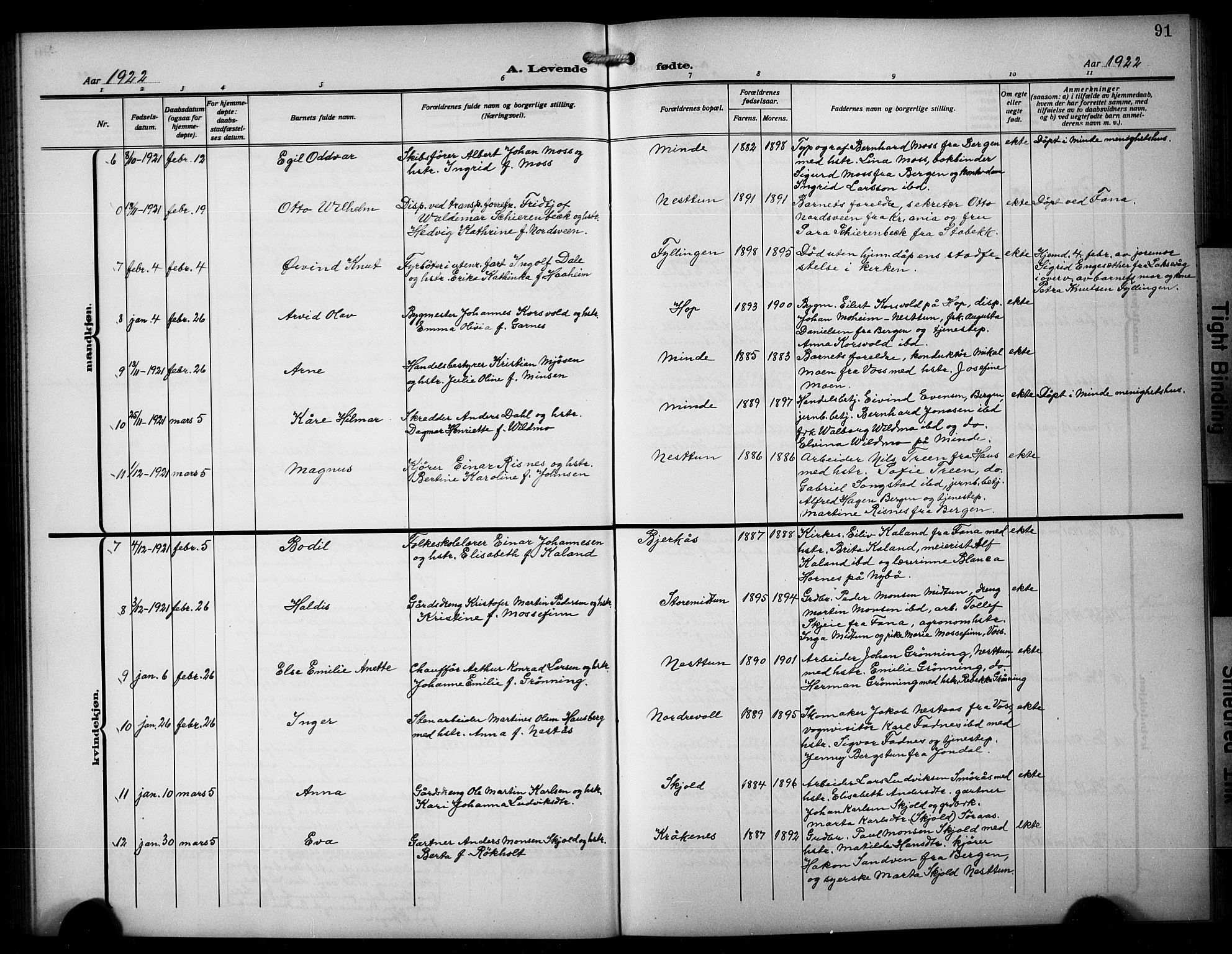 Birkeland Sokneprestembete, AV/SAB-A-74601/H/Hab: Parish register (copy) no. A 7, 1916-1923, p. 91