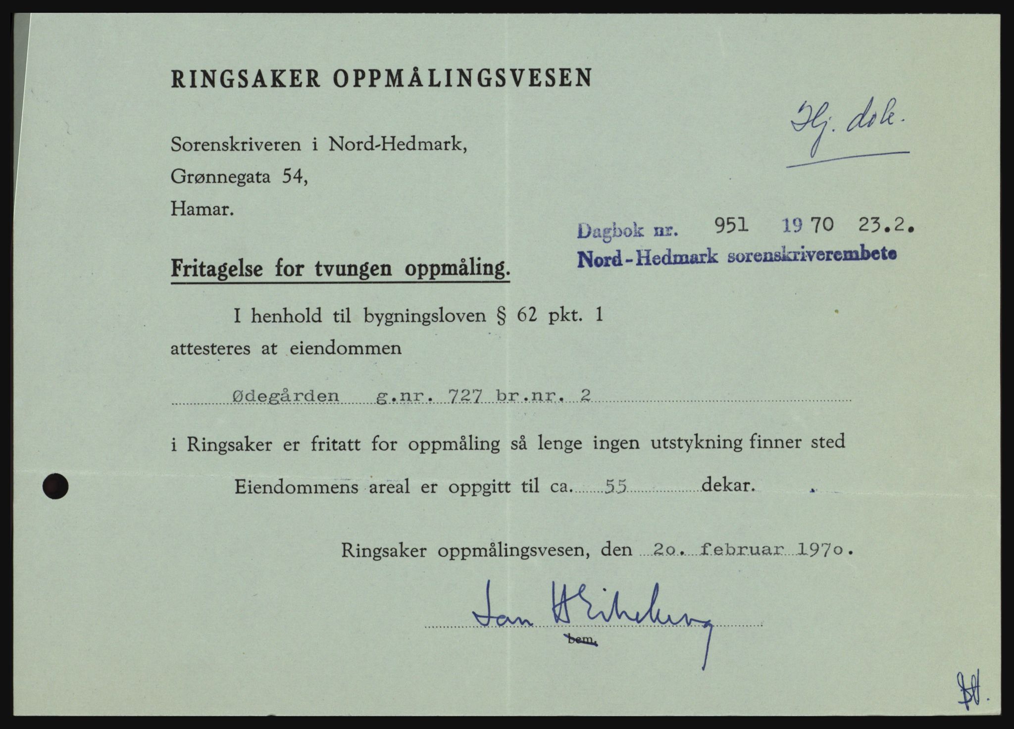 Nord-Hedmark sorenskriveri, SAH/TING-012/H/Hc/L0033: Mortgage book no. 33, 1970-1970, Diary no: : 951/1970