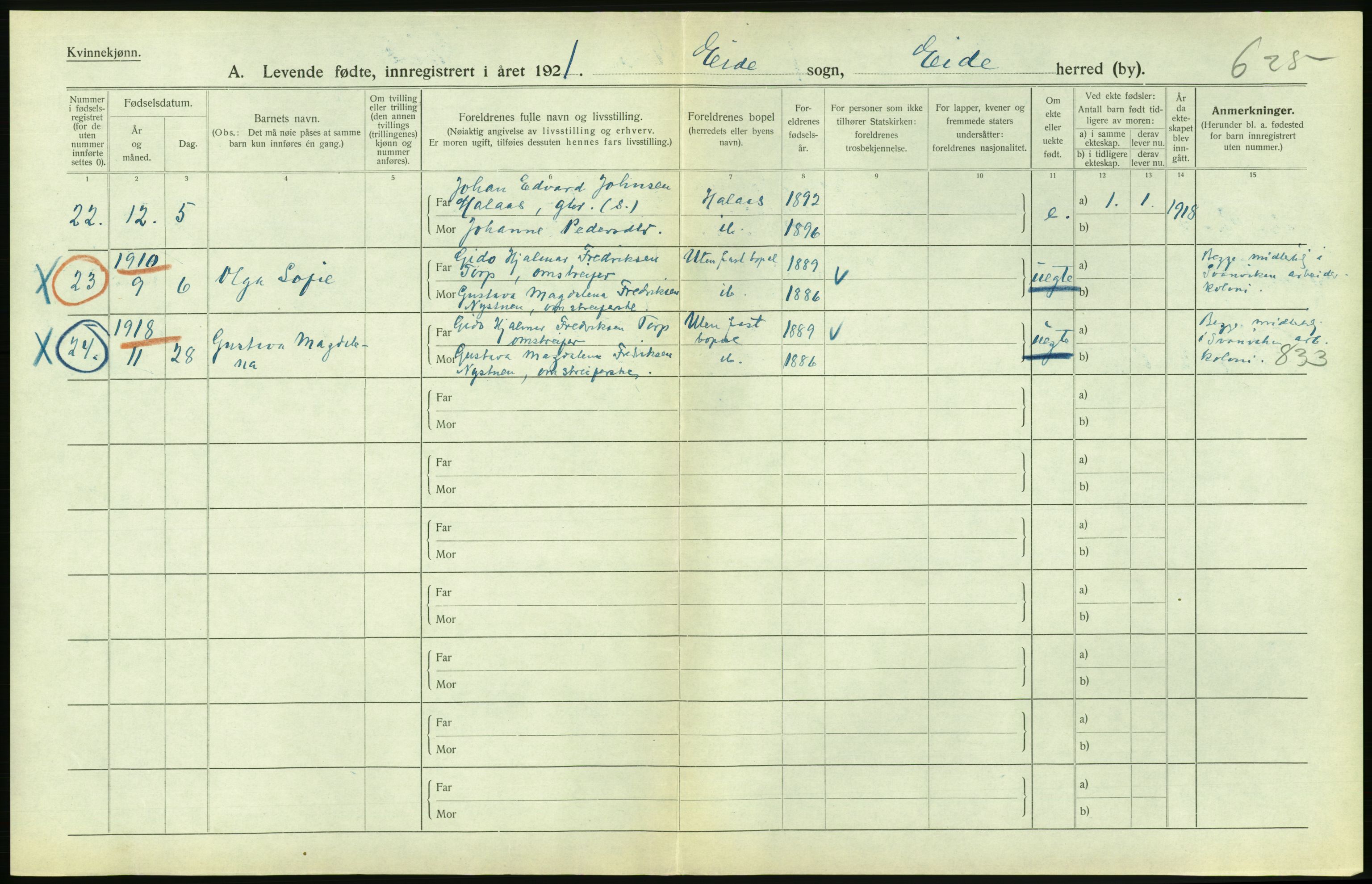 Statistisk sentralbyrå, Sosiodemografiske emner, Befolkning, RA/S-2228/D/Df/Dfc/Dfca/L0040: Møre fylke: Levendefødte menn og kvinner. Bygder., 1921, p. 670