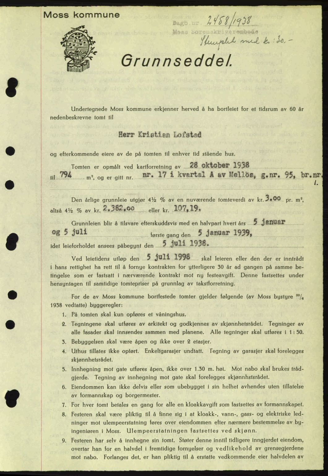 Moss sorenskriveri, SAO/A-10168: Mortgage book no. A5, 1938-1939, Diary no: : 2458/1938