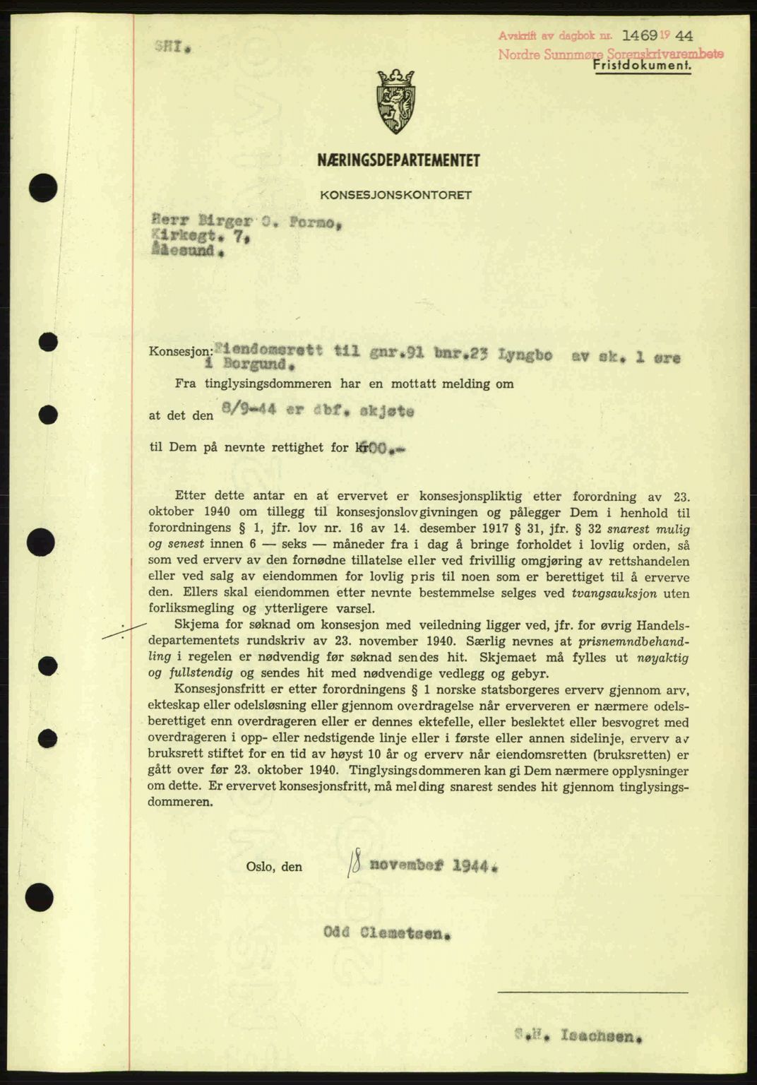 Nordre Sunnmøre sorenskriveri, SAT/A-0006/1/2/2C/2Ca: Mortgage book no. B6-14 a, 1942-1945, Diary no: : 1469/1944