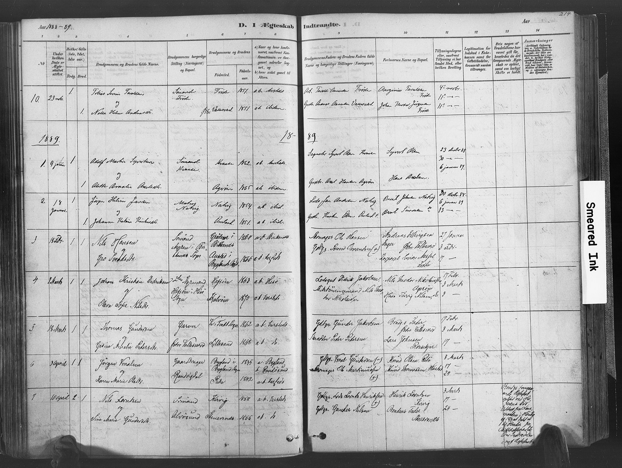 Høvåg sokneprestkontor, AV/SAK-1111-0025/F/Fa/L0005: Parish register (official) no. A 5, 1878-1893, p. 214