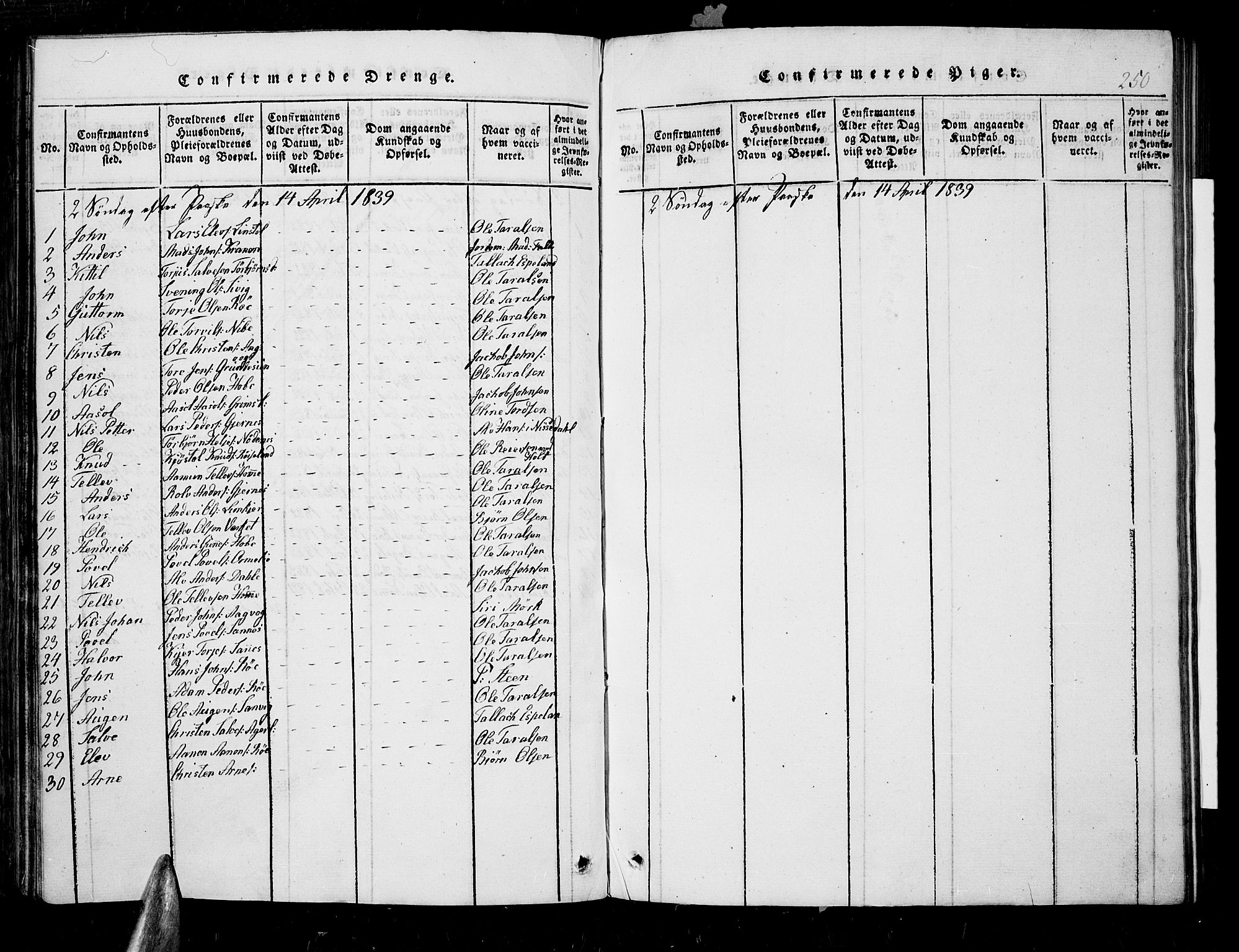 Søndeled sokneprestkontor, AV/SAK-1111-0038/F/Fb/L0002: Parish register (copy) no. B 2, 1816-1839, p. 250