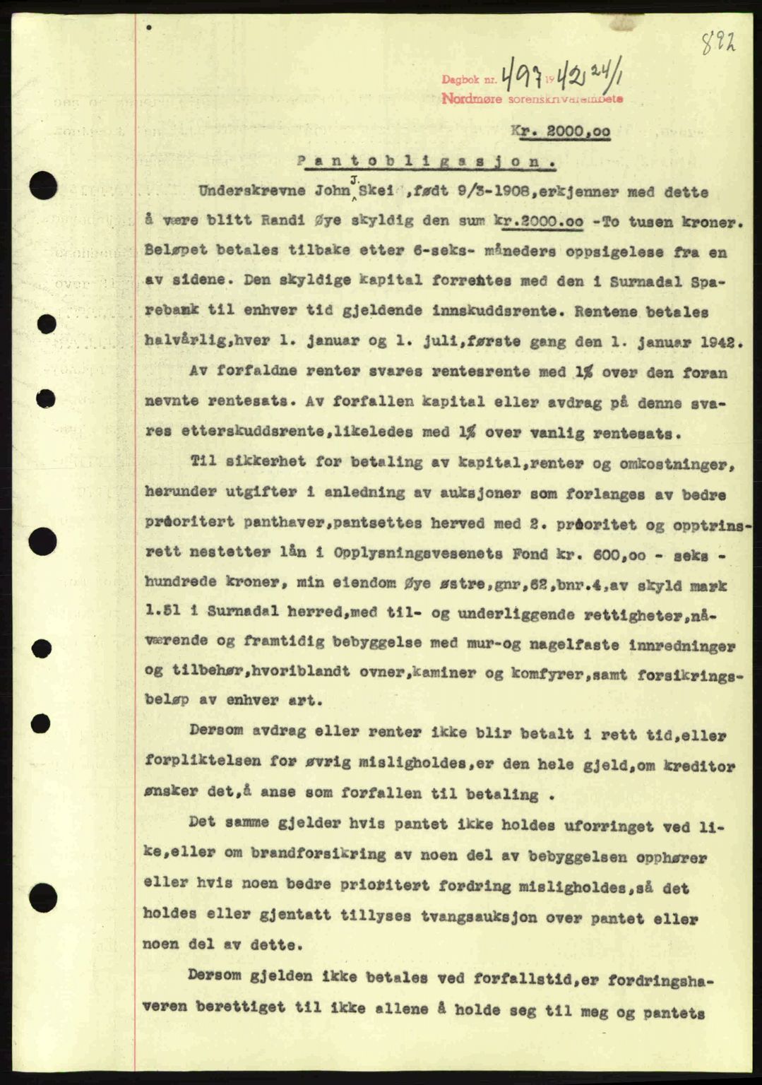 Nordmøre sorenskriveri, AV/SAT-A-4132/1/2/2Ca: Mortgage book no. B88, 1941-1942, Diary no: : 497/1942