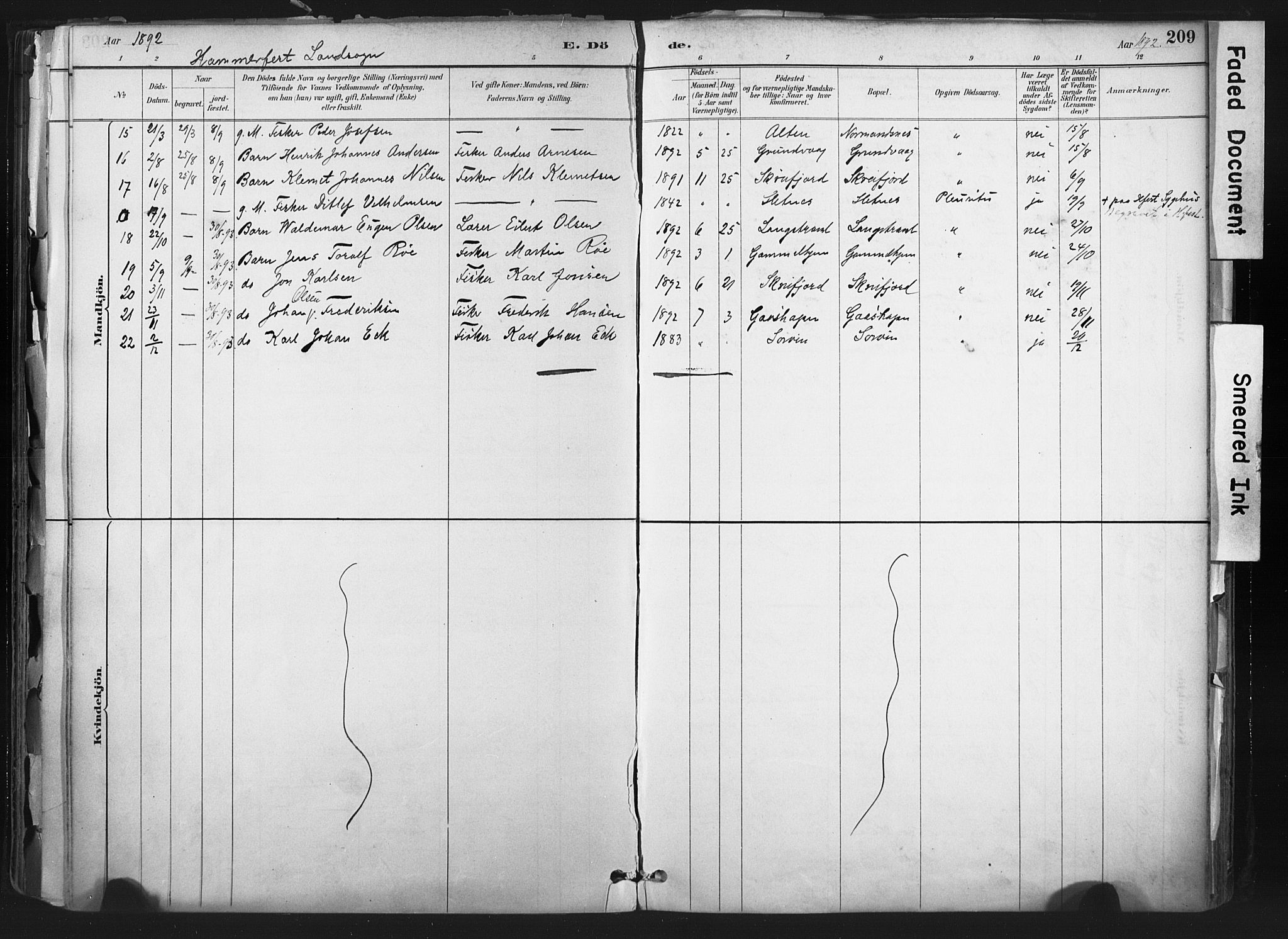 Hammerfest sokneprestkontor, AV/SATØ-S-1347/H/Ha/L0011.kirke: Parish register (official) no. 11 /1, 1885-1897, p. 209