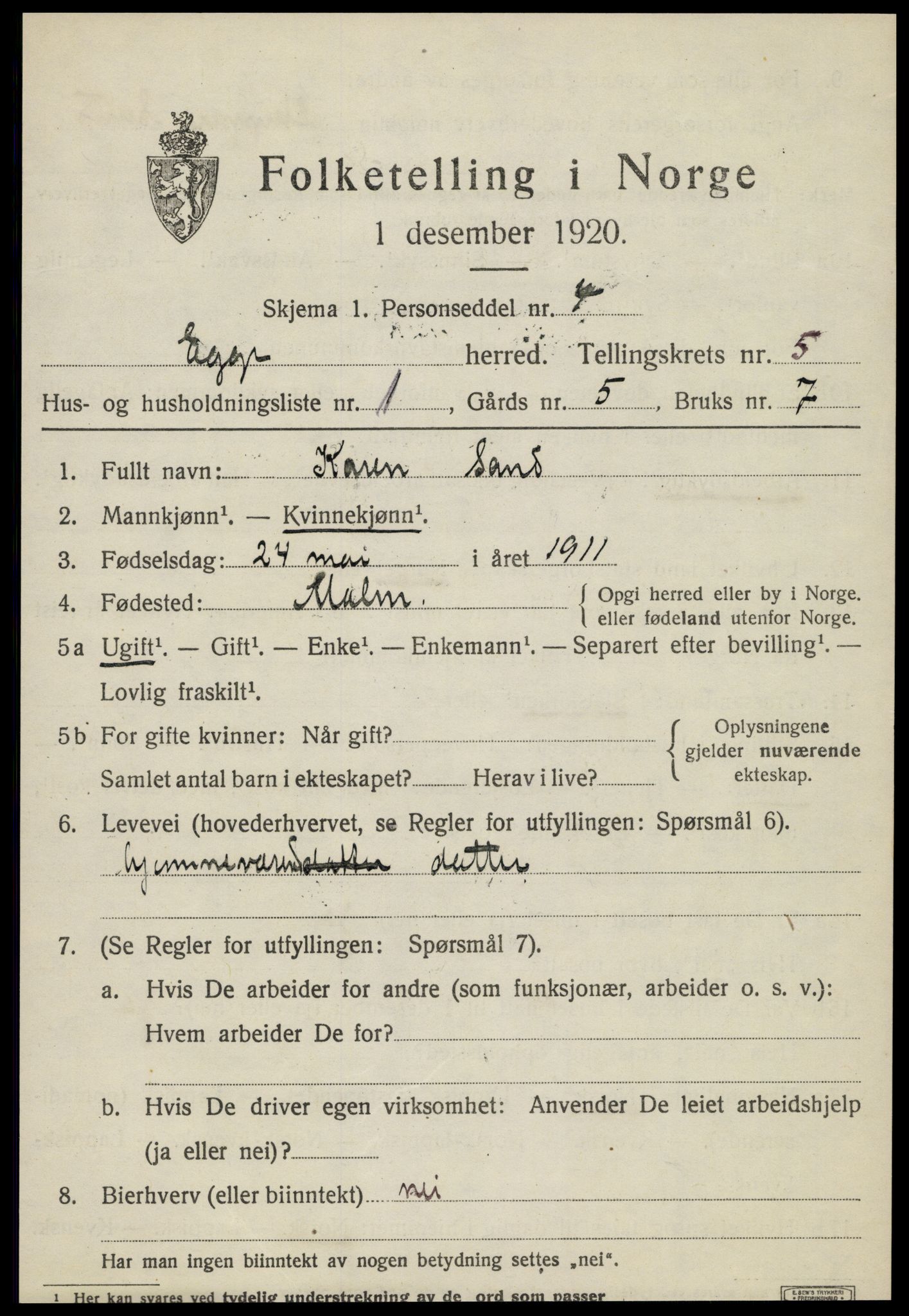 SAT, 1920 census for Egge, 1920, p. 3352