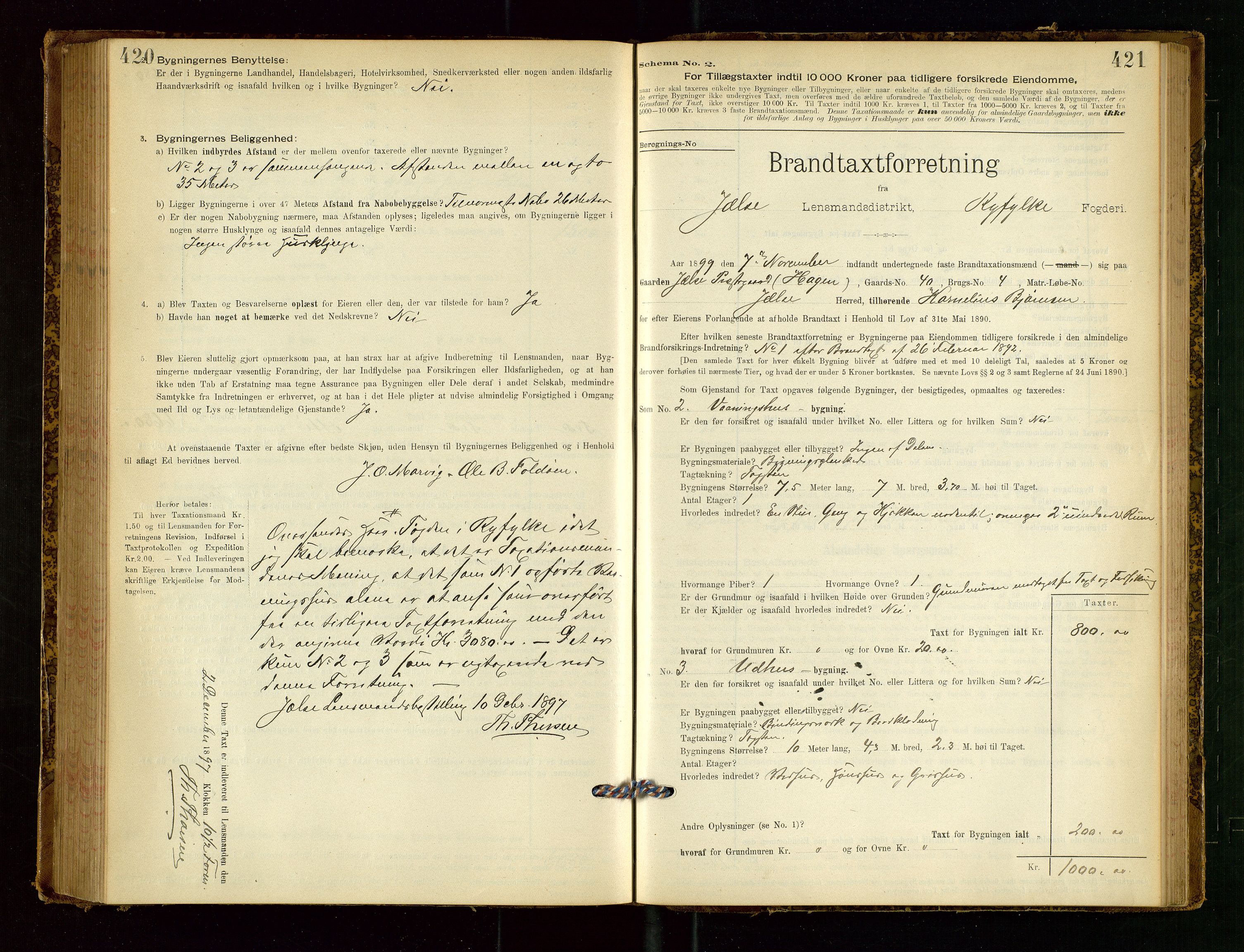 Jelsa lensmannskontor, SAST/A-100360/Gob/L0001: "Brandtaxationsprotocol", 1895-1918, p. 420-421