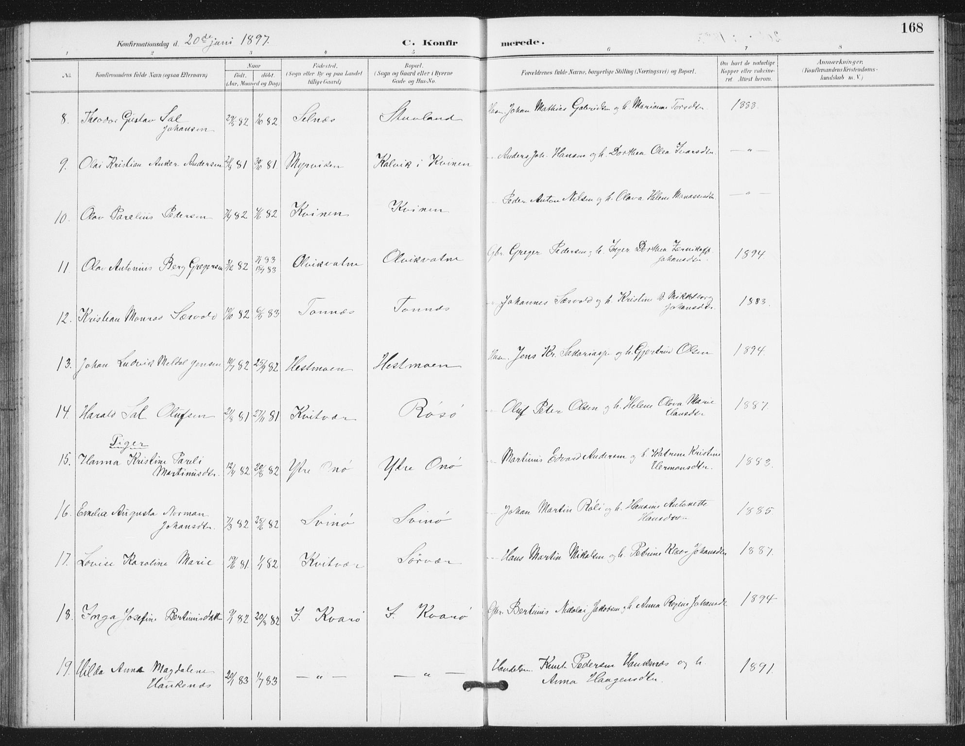 Ministerialprotokoller, klokkerbøker og fødselsregistre - Nordland, AV/SAT-A-1459/839/L0573: Parish register (copy) no. 839C03, 1892-1917, p. 168