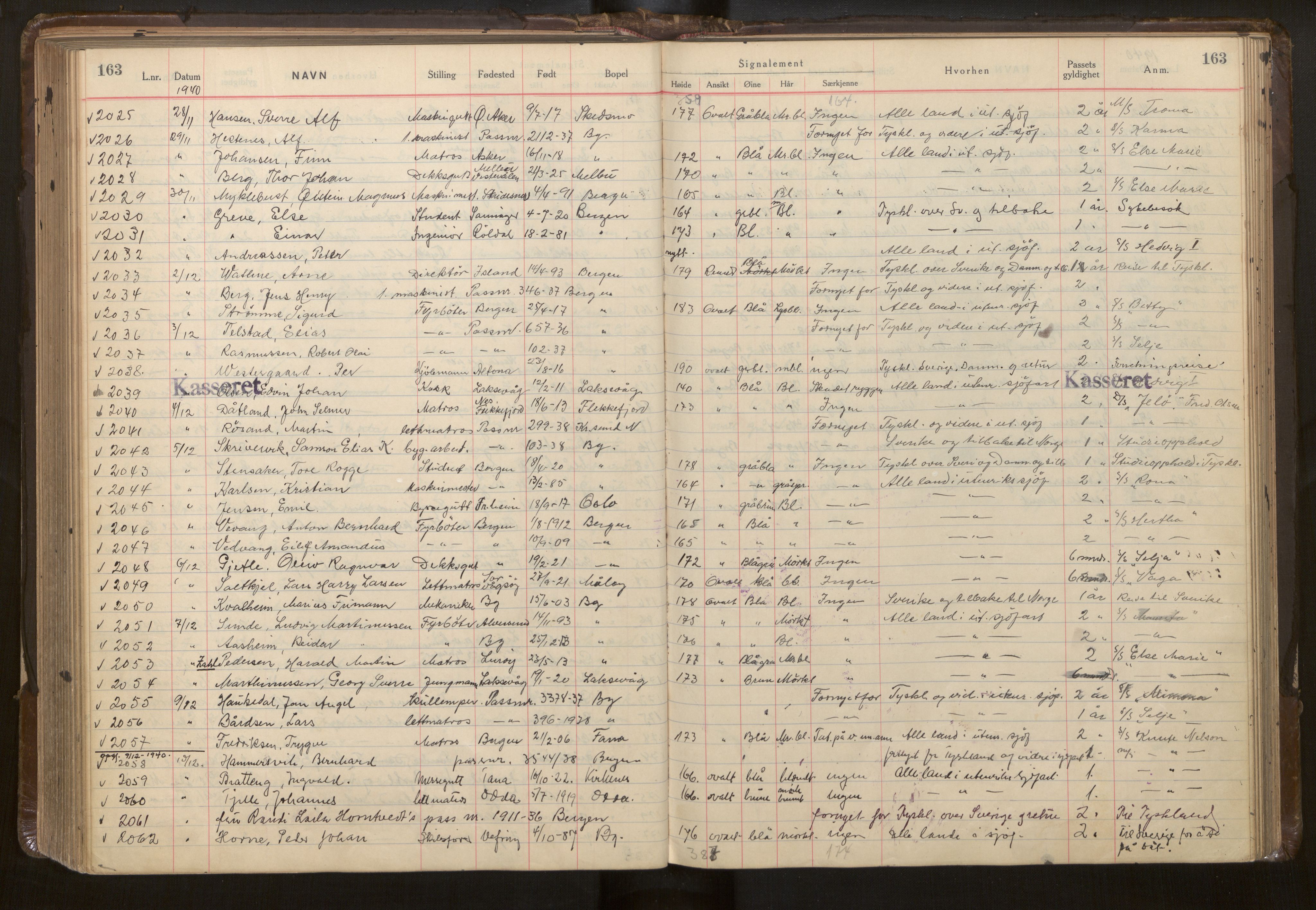 Bergen politikammer / politidistrikt, AV/SAB-A-60401/L/La/Lab/L0015: Passprotokoll, 1939-1946