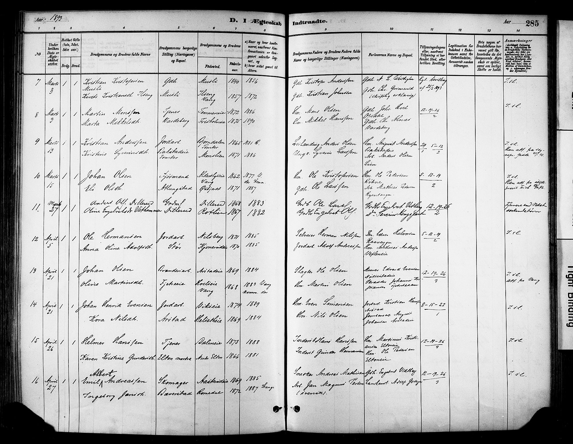 Stange prestekontor, AV/SAH-PREST-002/K/L0017: Parish register (official) no. 17, 1880-1893, p. 285