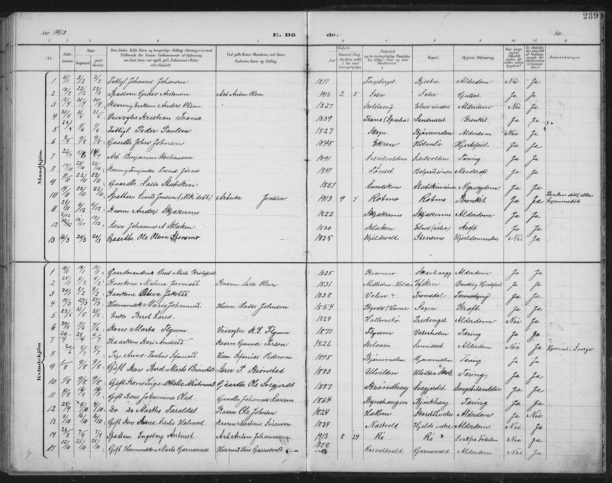 Ministerialprotokoller, klokkerbøker og fødselsregistre - Nord-Trøndelag, SAT/A-1458/724/L0269: Parish register (copy) no. 724C05, 1899-1920, p. 239