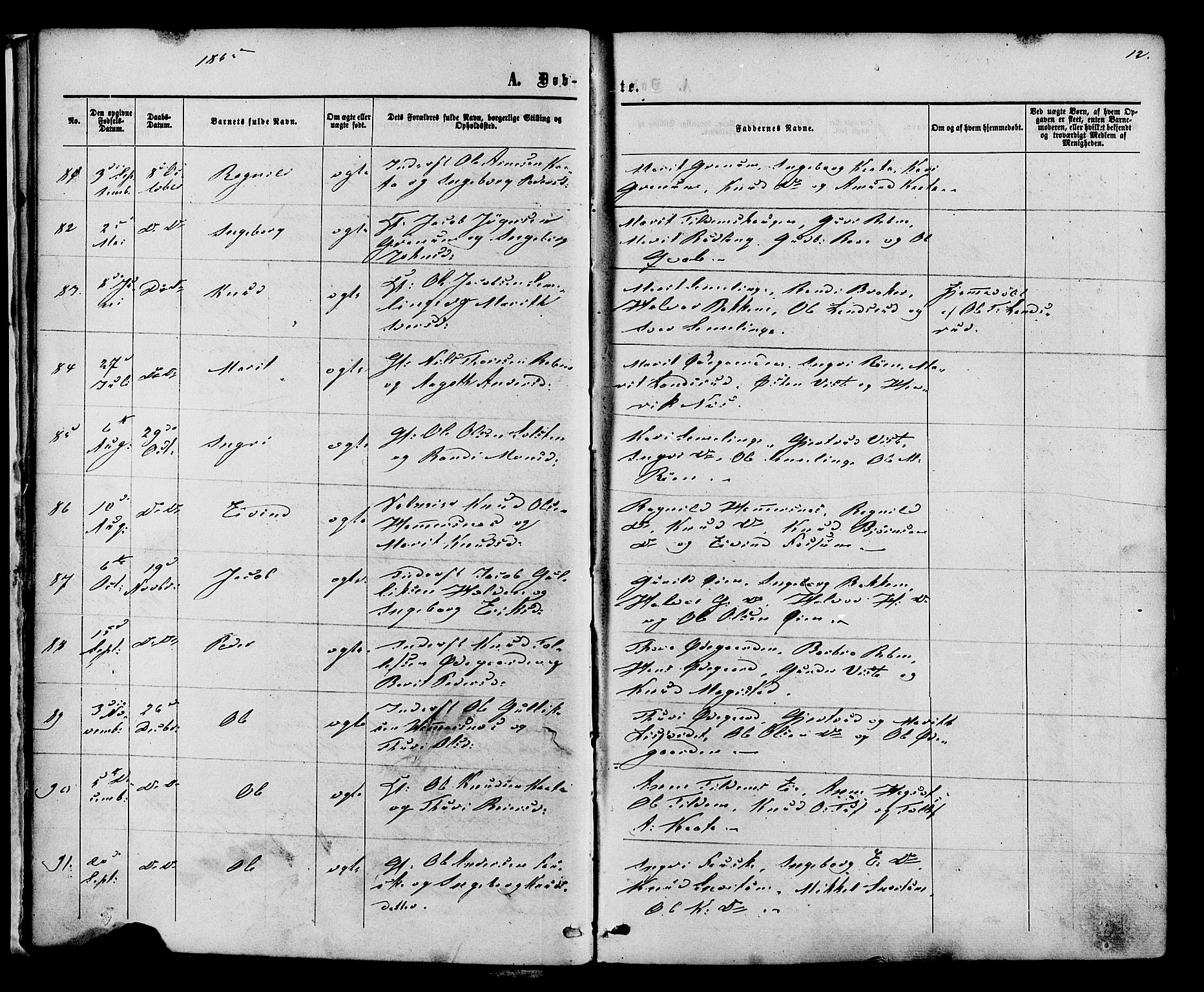 Vestre Slidre prestekontor, SAH/PREST-136/H/Ha/Haa/L0003: Parish register (official) no. 3, 1865-1880, p. 12