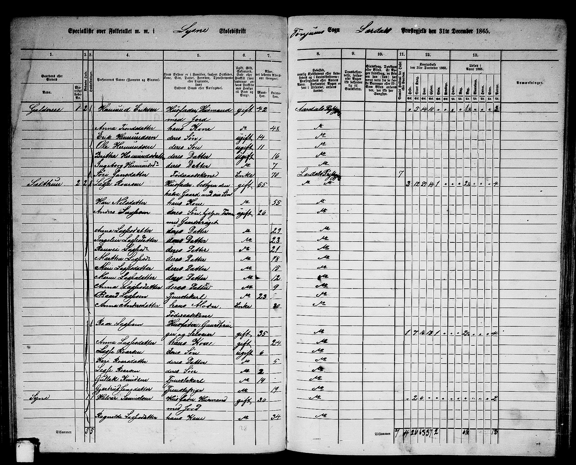 RA, 1865 census for Lærdal, 1865, p. 54