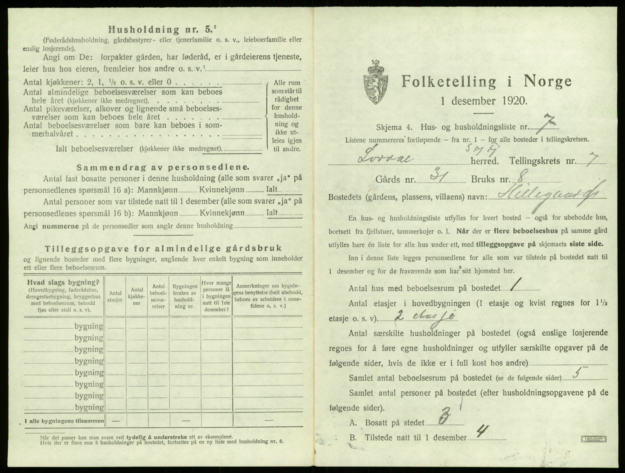 SAB, 1920 census for Lærdal, 1920, p. 543