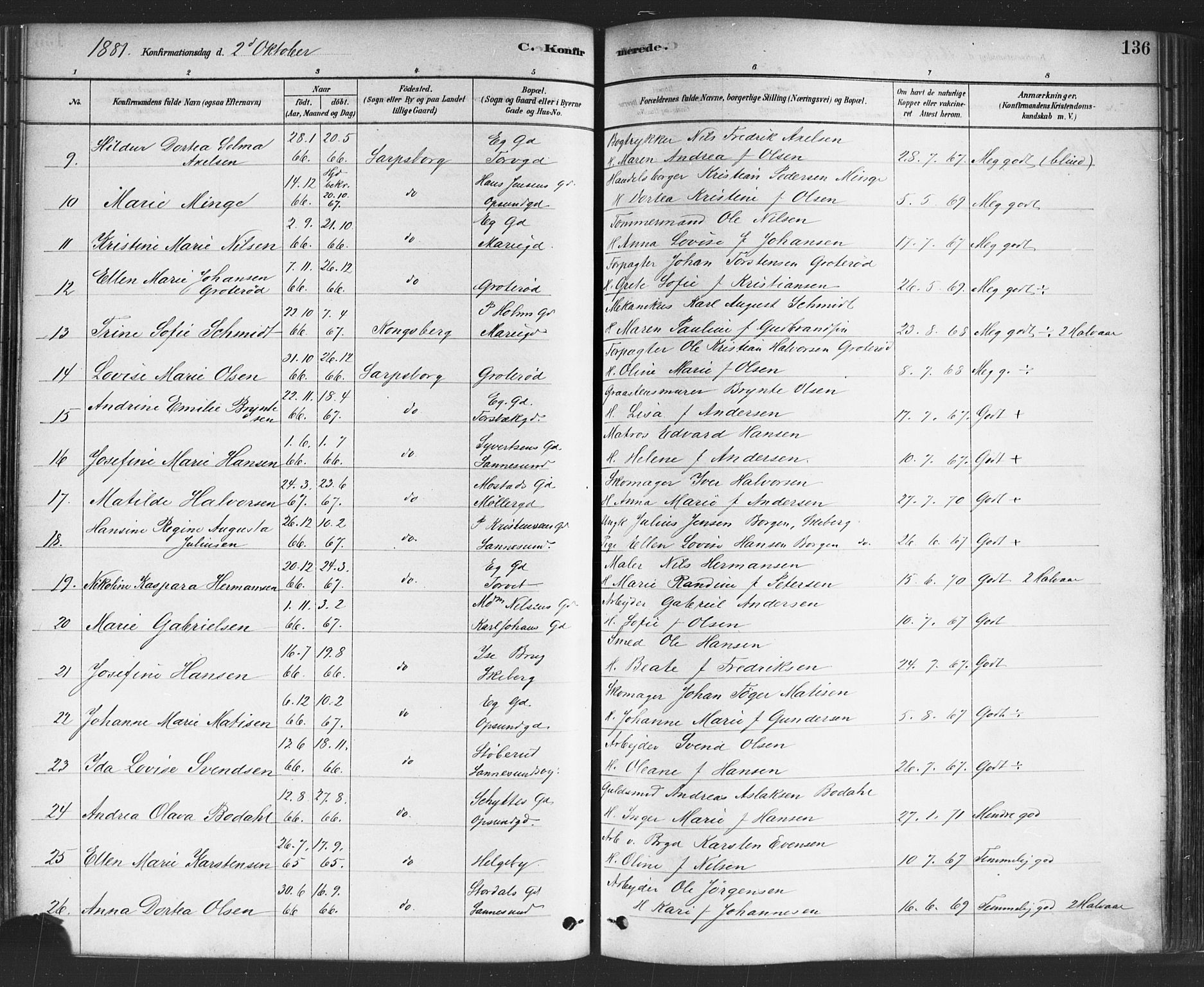 Sarpsborg prestekontor Kirkebøker, SAO/A-2006/F/Fa/L0003: Parish register (official) no. 3, 1878-1891, p. 136
